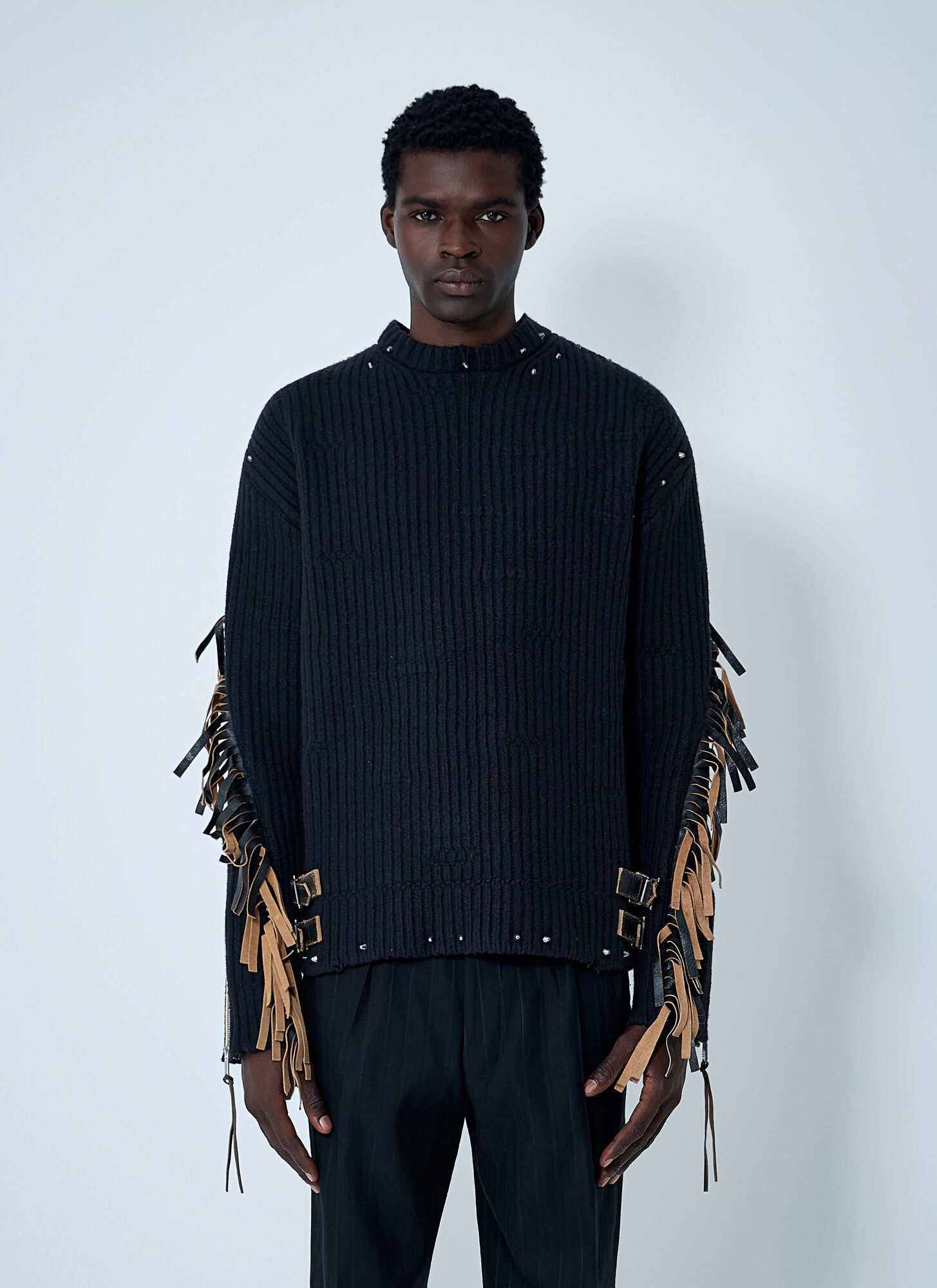 Prada Men's Black Leather Embellished Wool Sweater - Man Knitwear It - 48