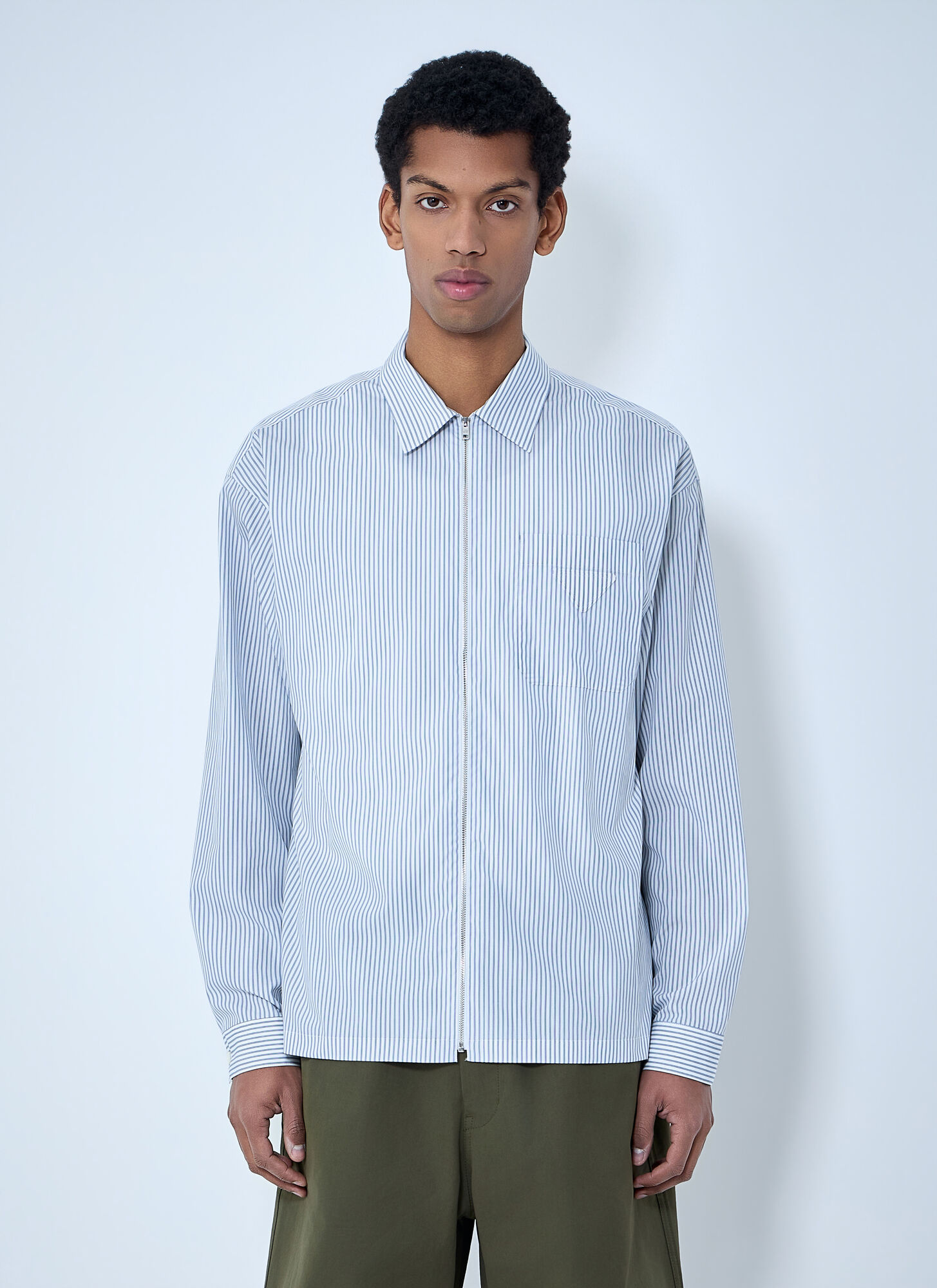 Prada Men's Blue Zip-Front Stripe Shirt - Man Shirts L