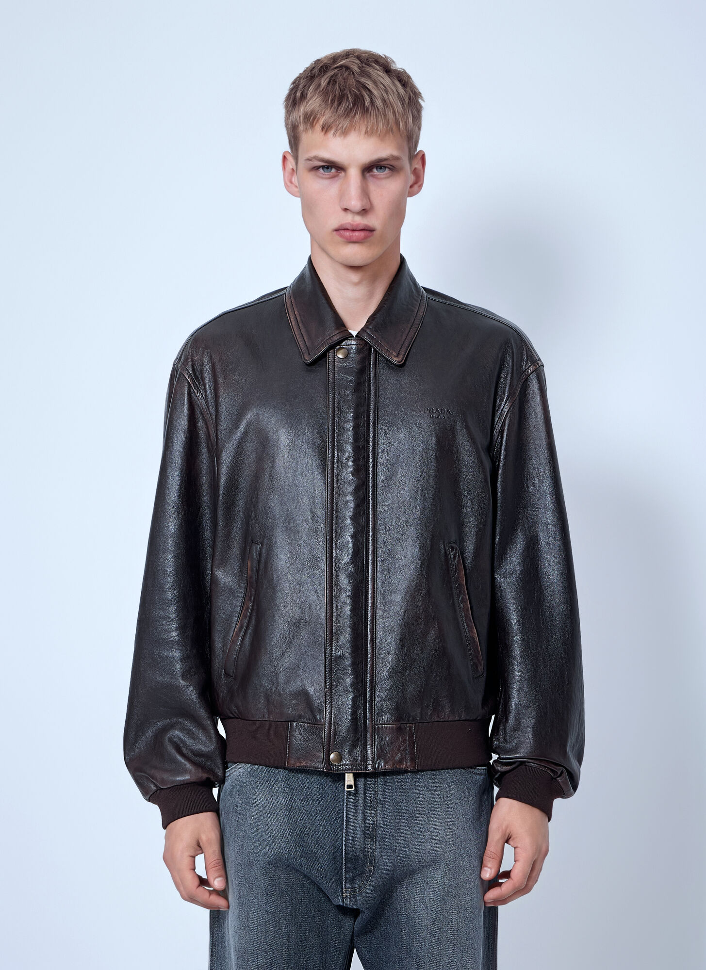 Prada Men's Brown Vintage Nappa Leather Bomber Jacket In Dark - Image 3
