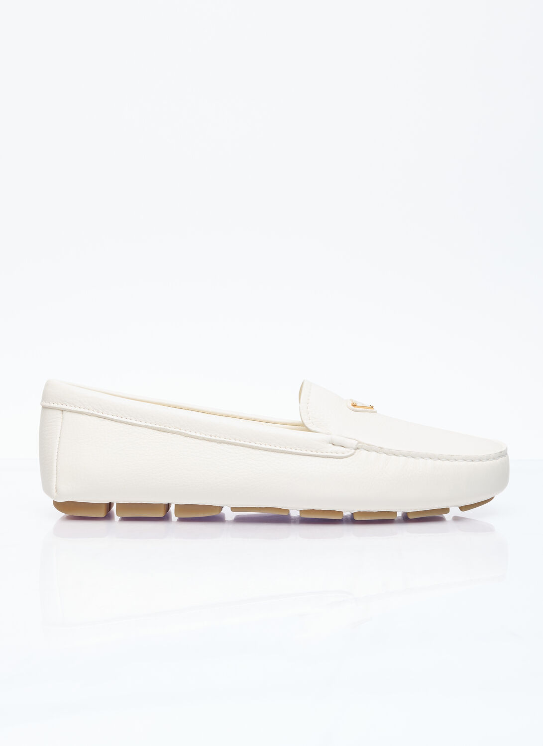 Shop Prada Driver Leather Loafers In Beige