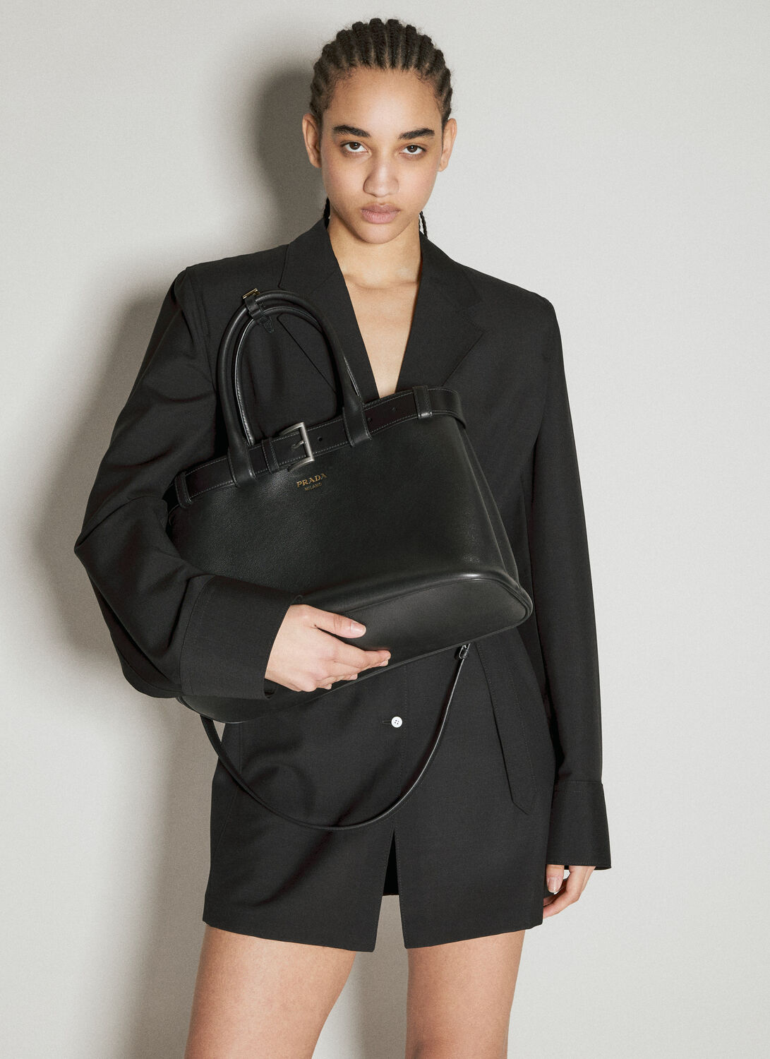 Shop Prada Buckle Large Leather Handbag In Black