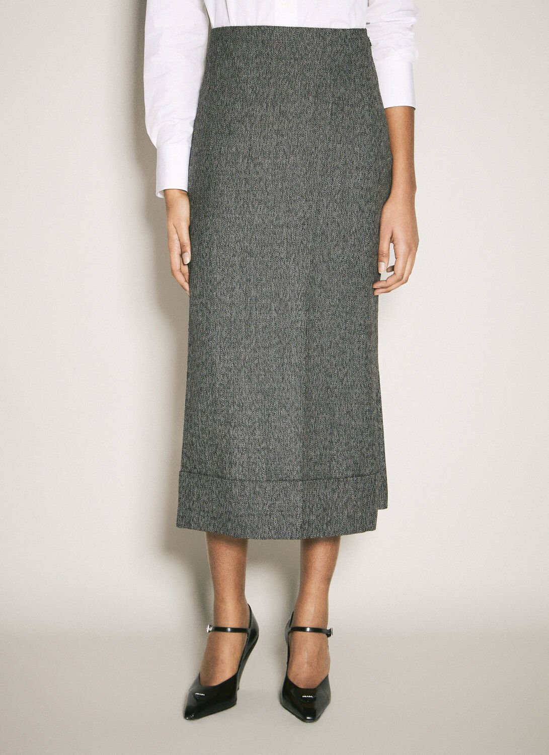 Prada Black/white Wool Weave Midi Skirt In Gray