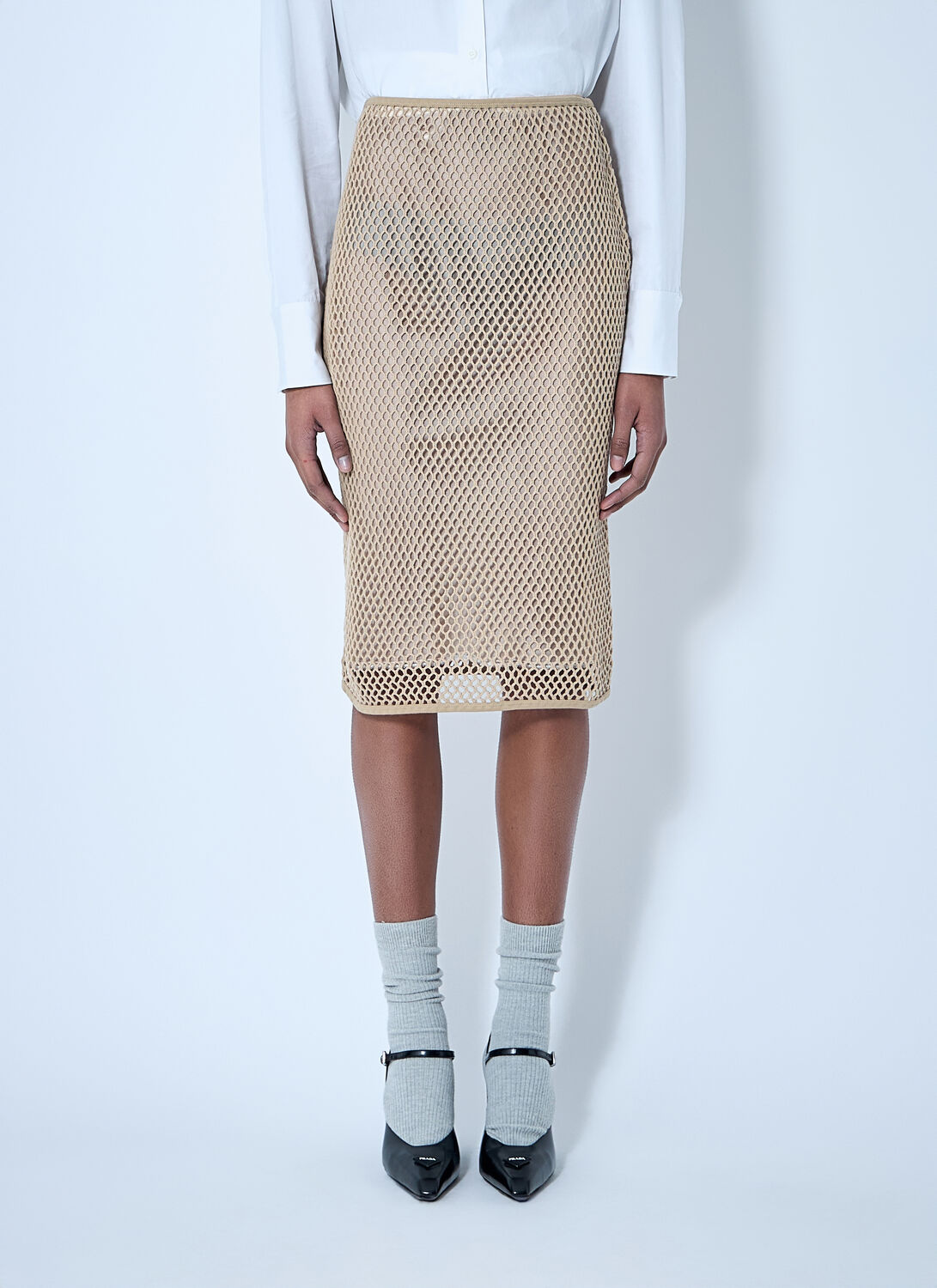 Prada Triangle Logo Mesh Pencil Skirt In Beige