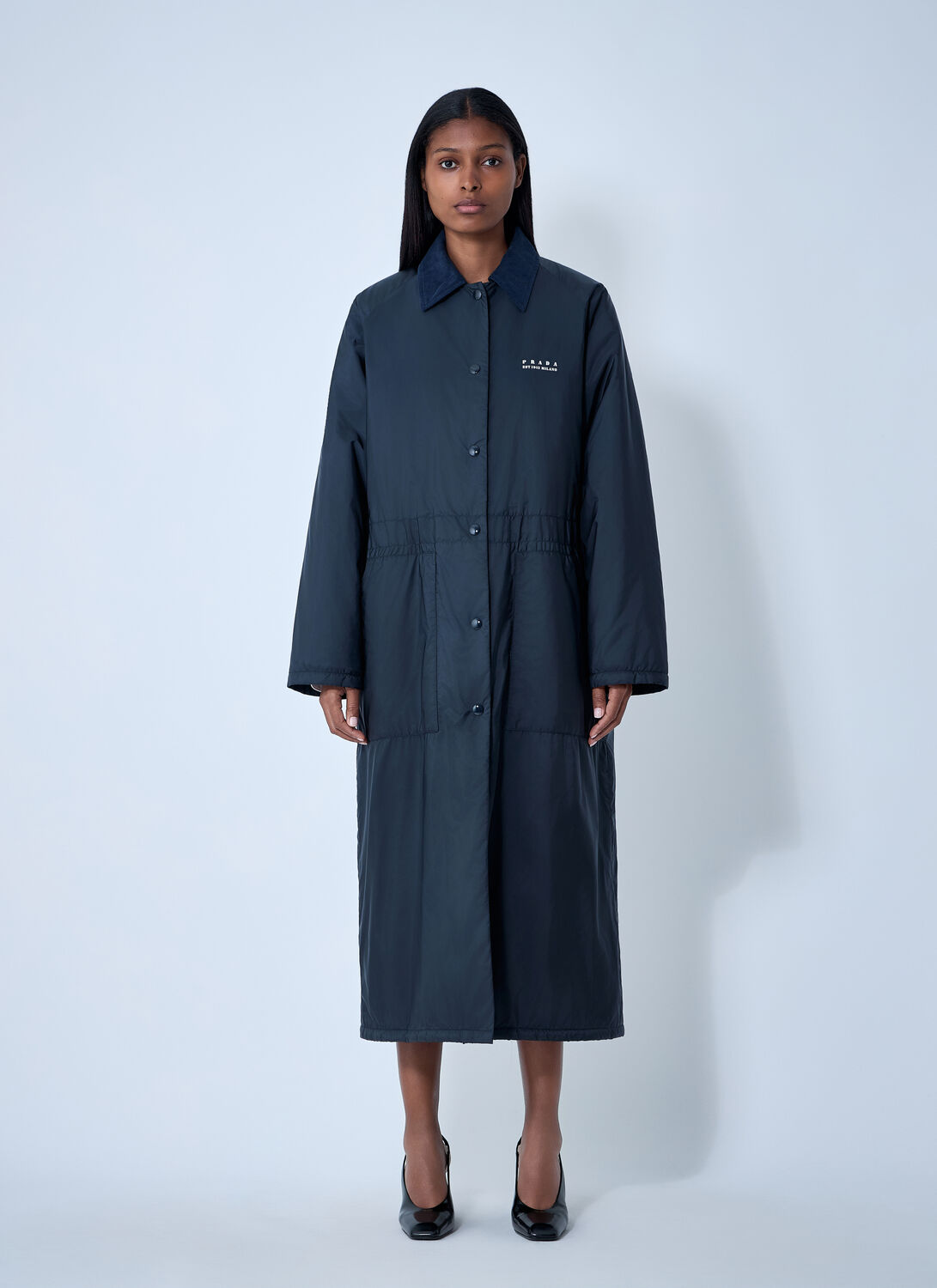 Prada Prada Logo Print Long Coat - Woman Coats Blue It - 38　プラダ ロゴ プリント ロング コート - 女性コート ブルー IT - 38
