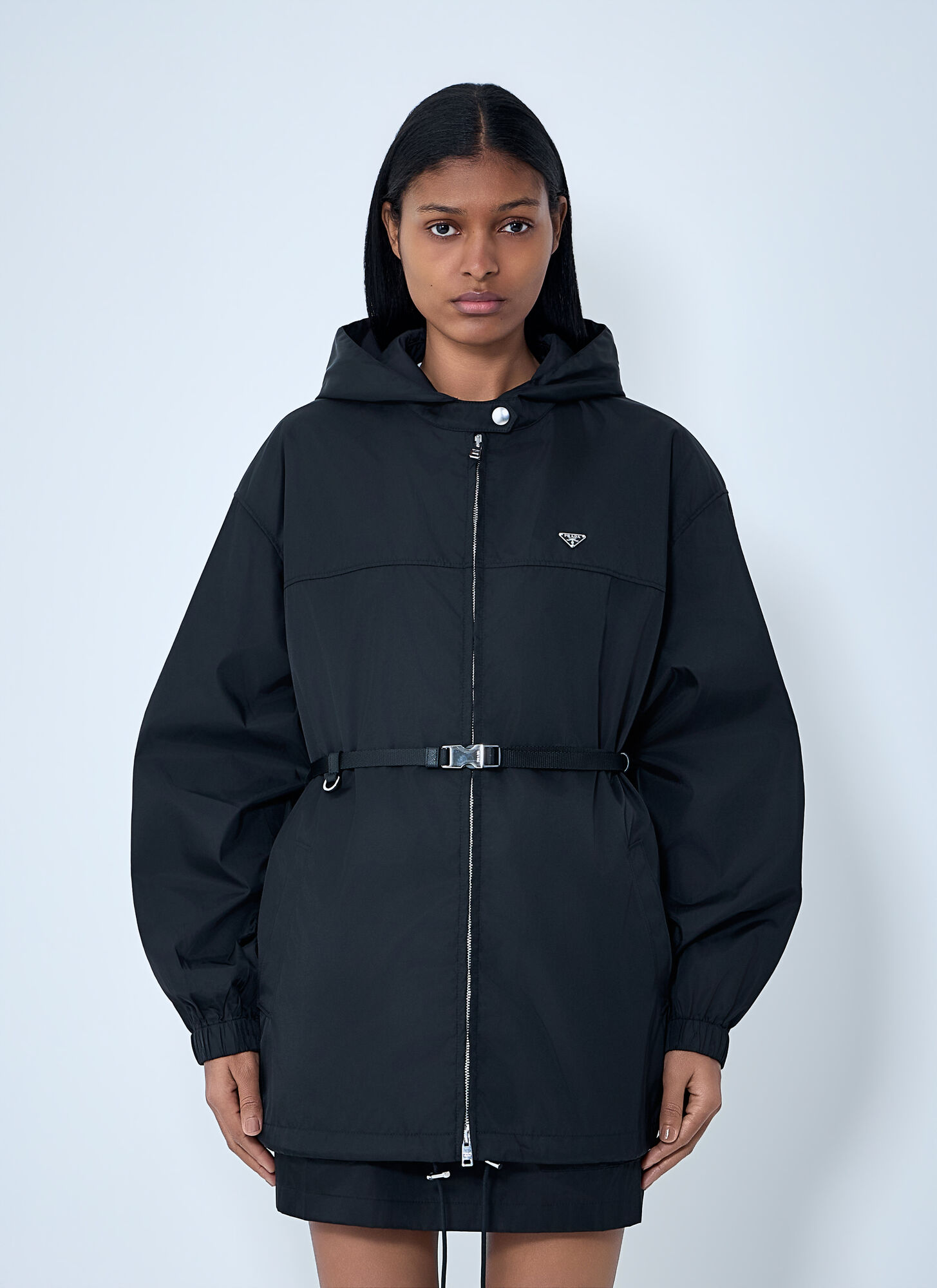 Prada Women's Black Re-Nylon Hooded Belted Anorak Jacket - Woman Jackets It - 38