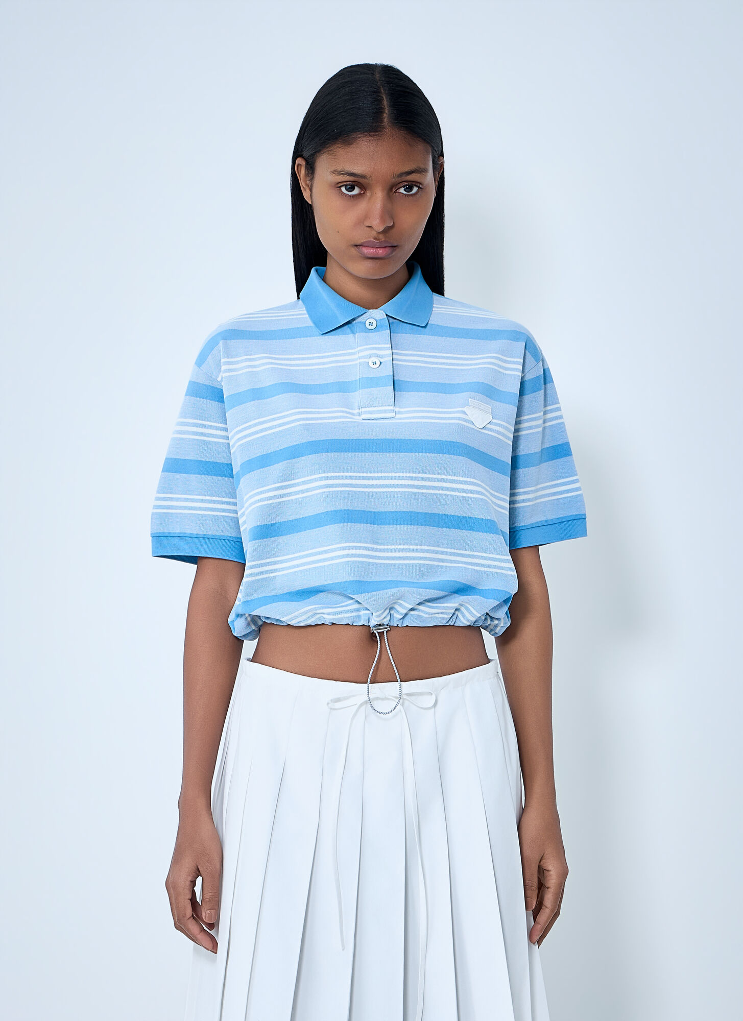 Prada Women's Blue Striped Polo Shirt With Drawstring Hem - Woman Tops It - 38