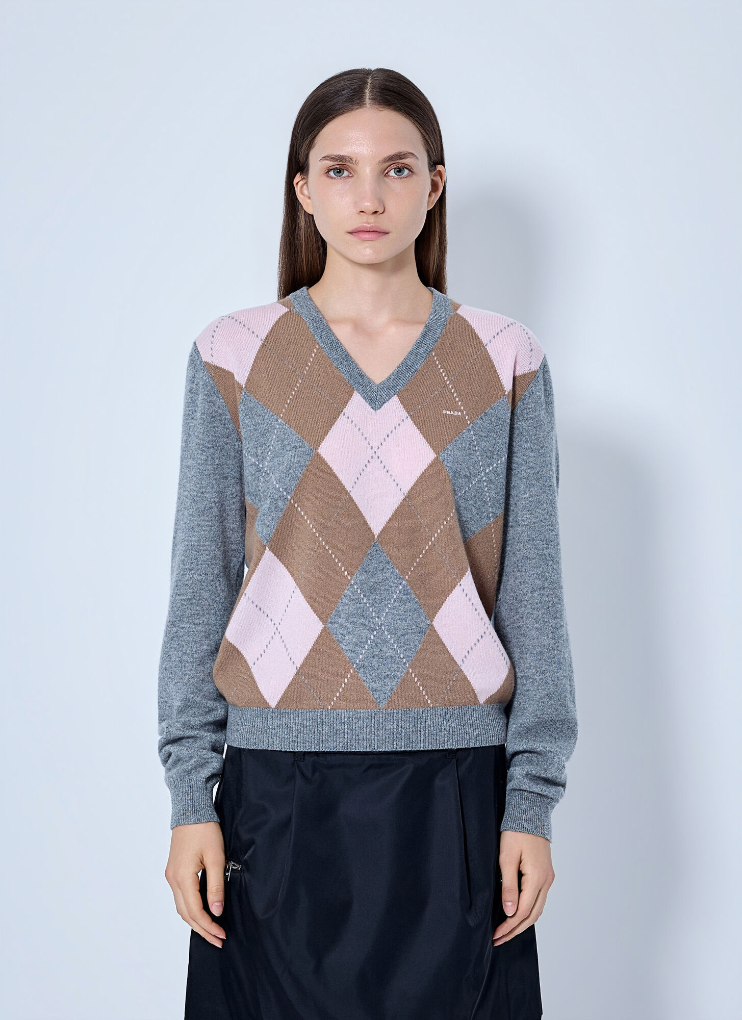 Prada Women's Grey Argyle V-Neck Sweater - Woman Knitwear It - 38