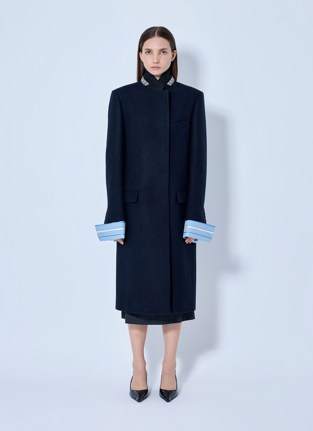 Prada Single-breasted Embroidered Double Wool Coat In Blue