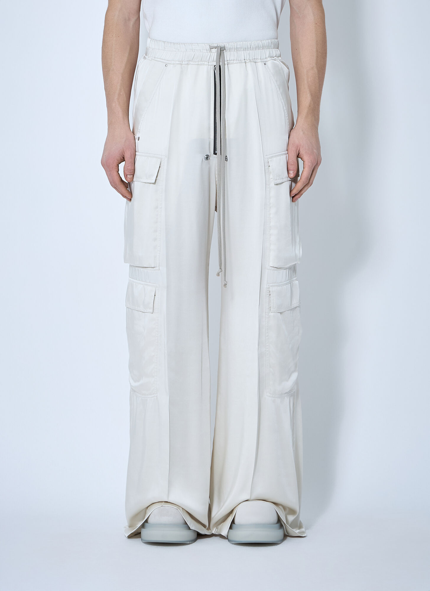 Rick Owens Satin Drawstring Cargo Pants In Beige