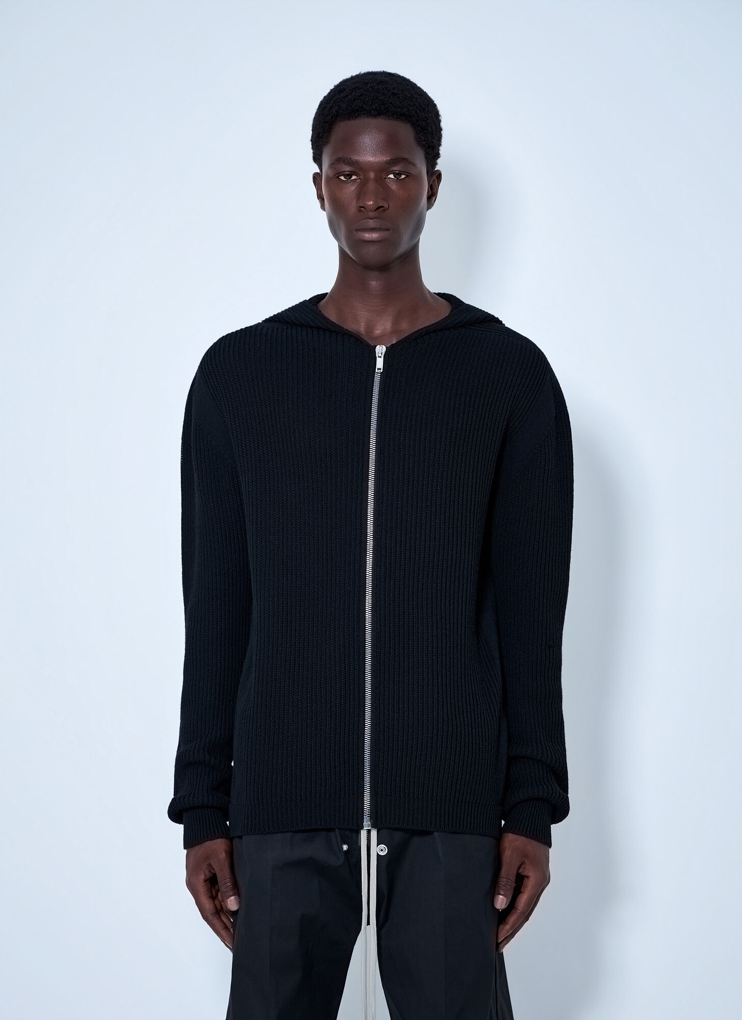 Rick Owens Men's Black Ribbed Knit Zip Hoodie - Man Sweatshirts L