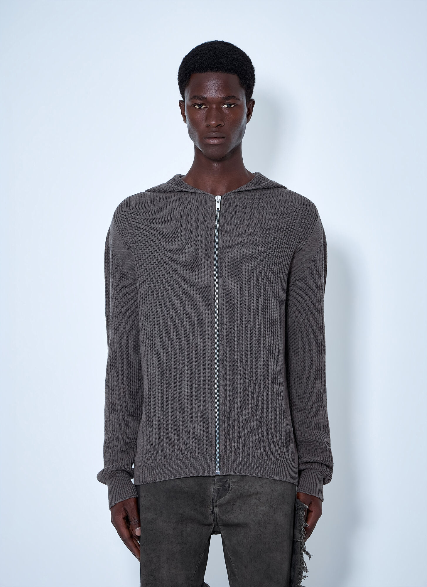 Rick Owens Men's Grey Wool Zipped Hoodie - Man Sweatshirts Xl