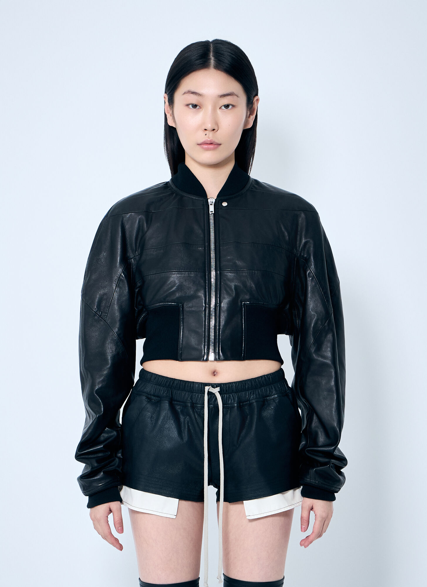 Rick Owens Girdered Bomber Sropped Jacket In Black