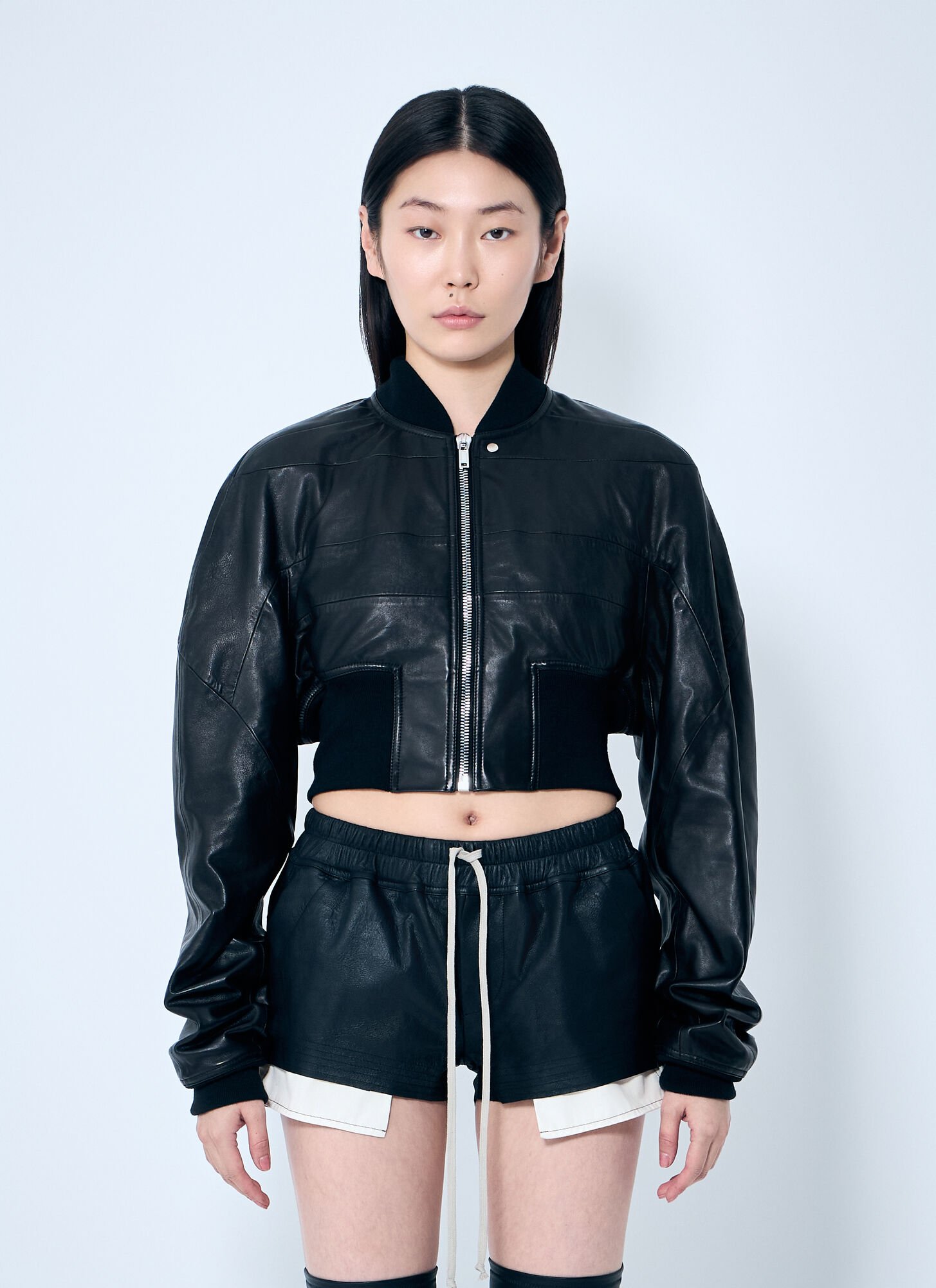 Rick Owens Girdered Bomber Sropped Jacket In Black