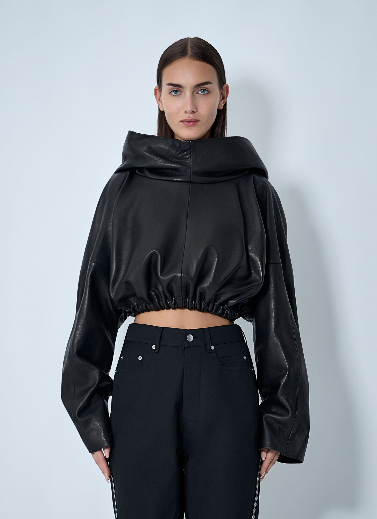Rick Owens Hooded Leather Top In Black