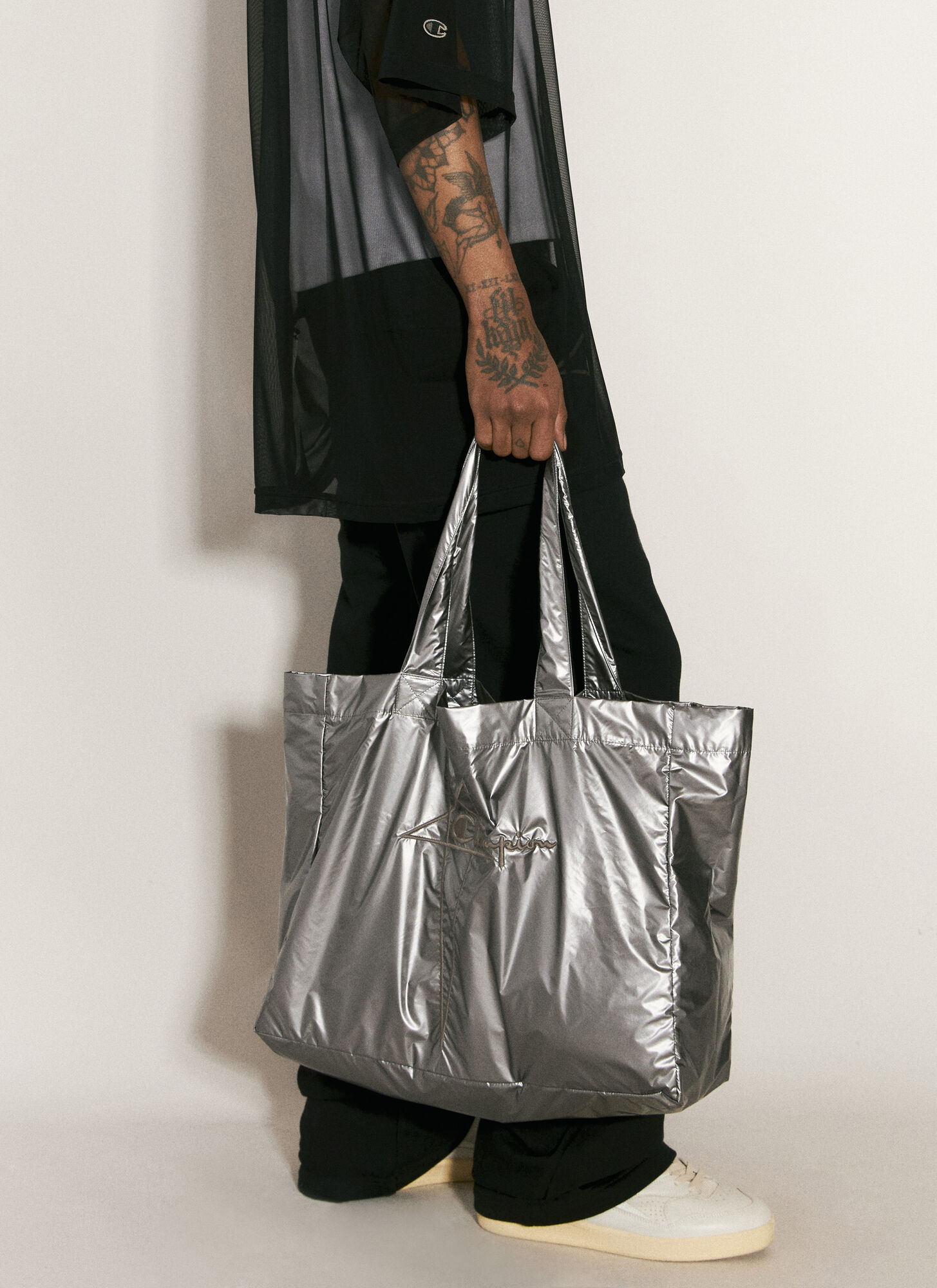 Shop Rick Owens X Champion Logo Embroidery Tote Bag In Silver