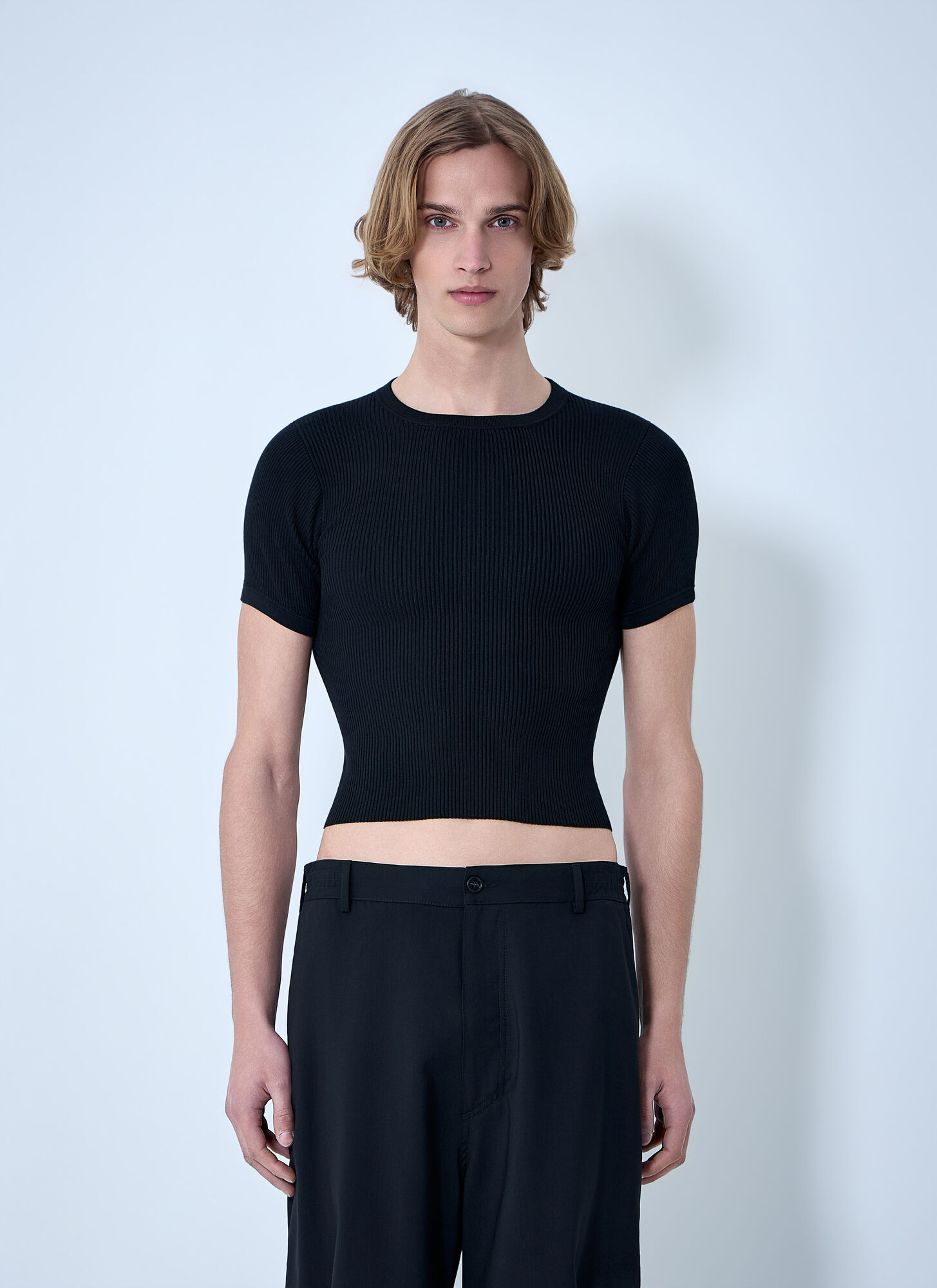 Rier Ribbed Knit Cropped Top - Man T-Shirts Black S
