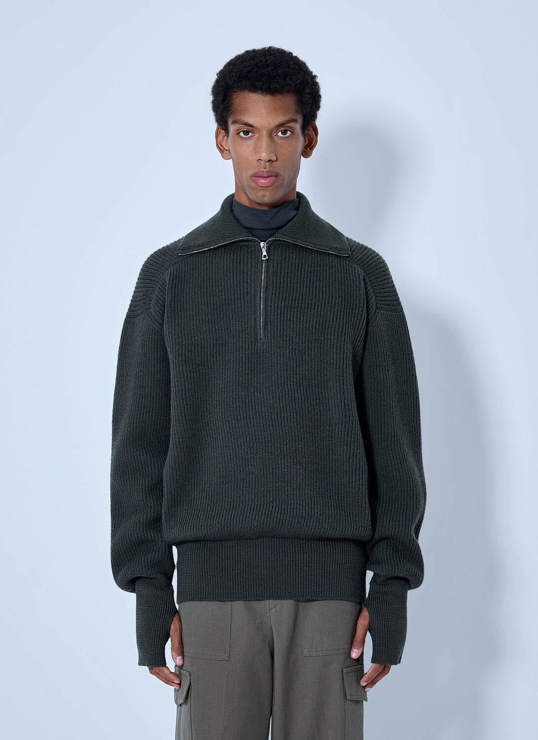 Rier Ribbed High Neck Sweatshirt In Green