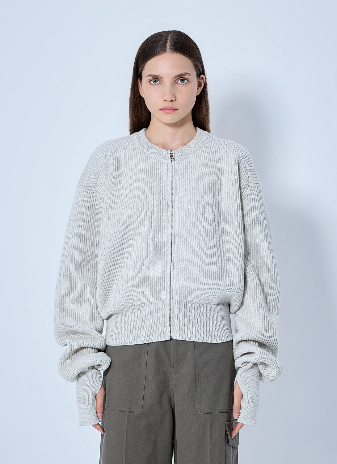 Rier Roundneck Zip Utility Sweater In Light Grey