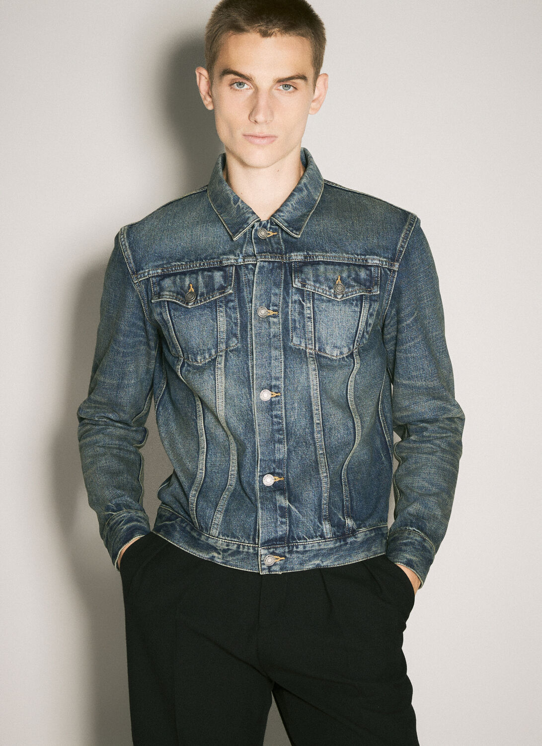 Saint Laurent Blue Slim Jacket With Patch Pockets In Denim Man In Blue