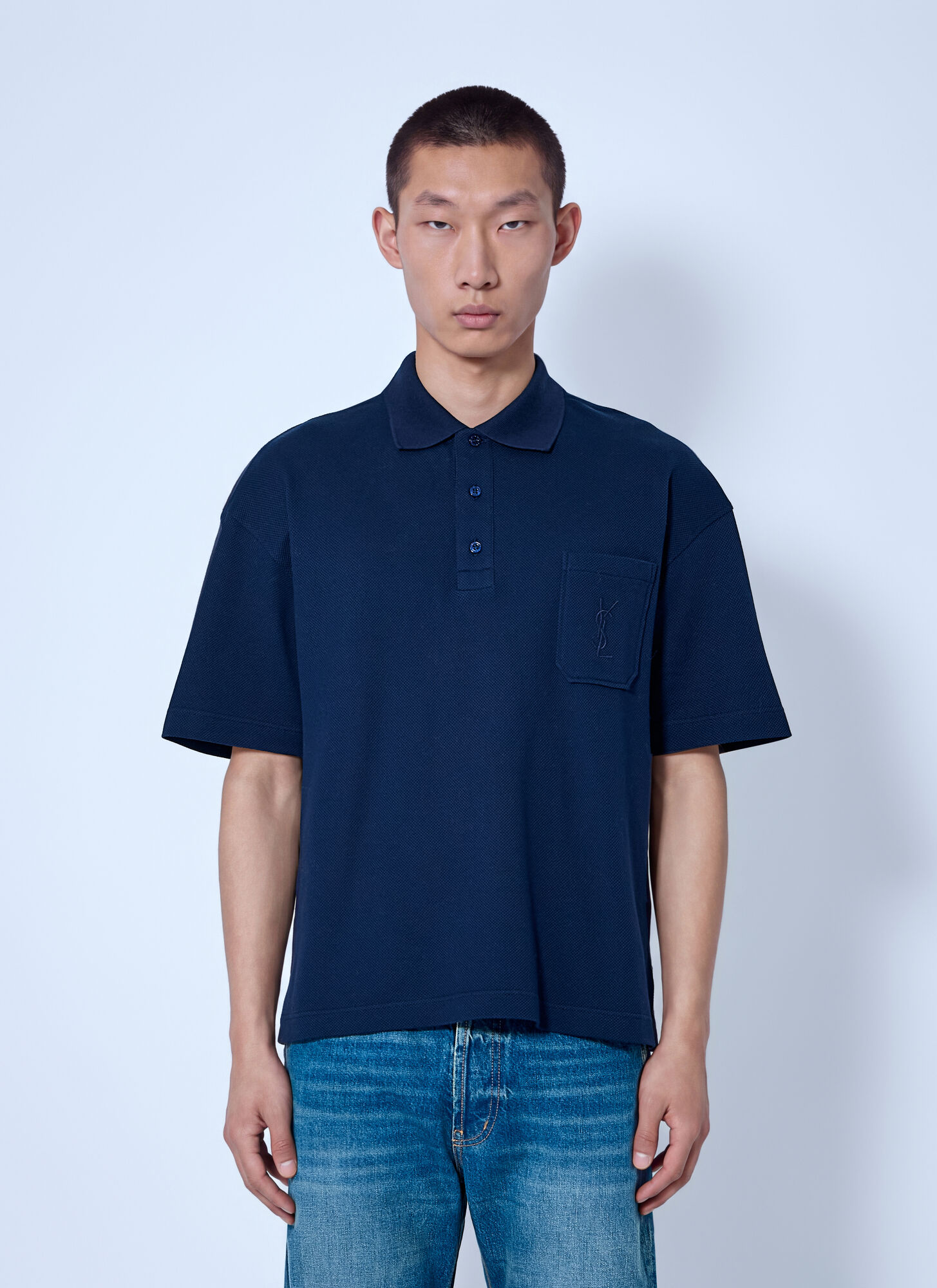 Saint Laurent Cassandre Polo In Cotton Piqu - Man Polo Shirts Navy M