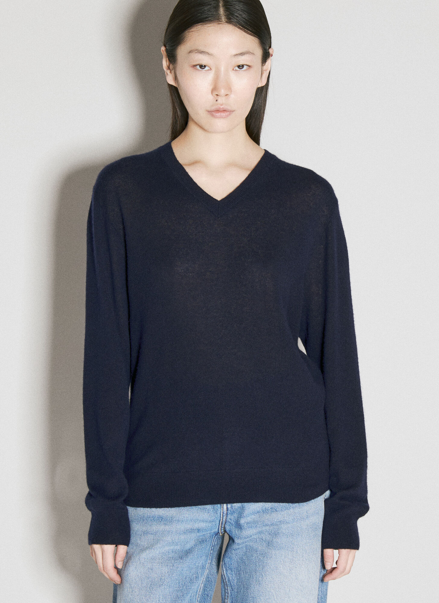 Shop Saint Laurent Cashmere-and-silk V-neck Sweater In Blue