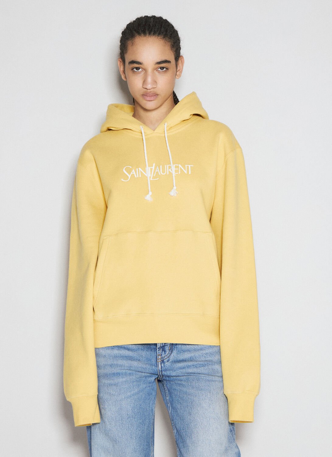Shop Saint Laurent Logo Embroidery Hooded Sweatshirt In Yellow