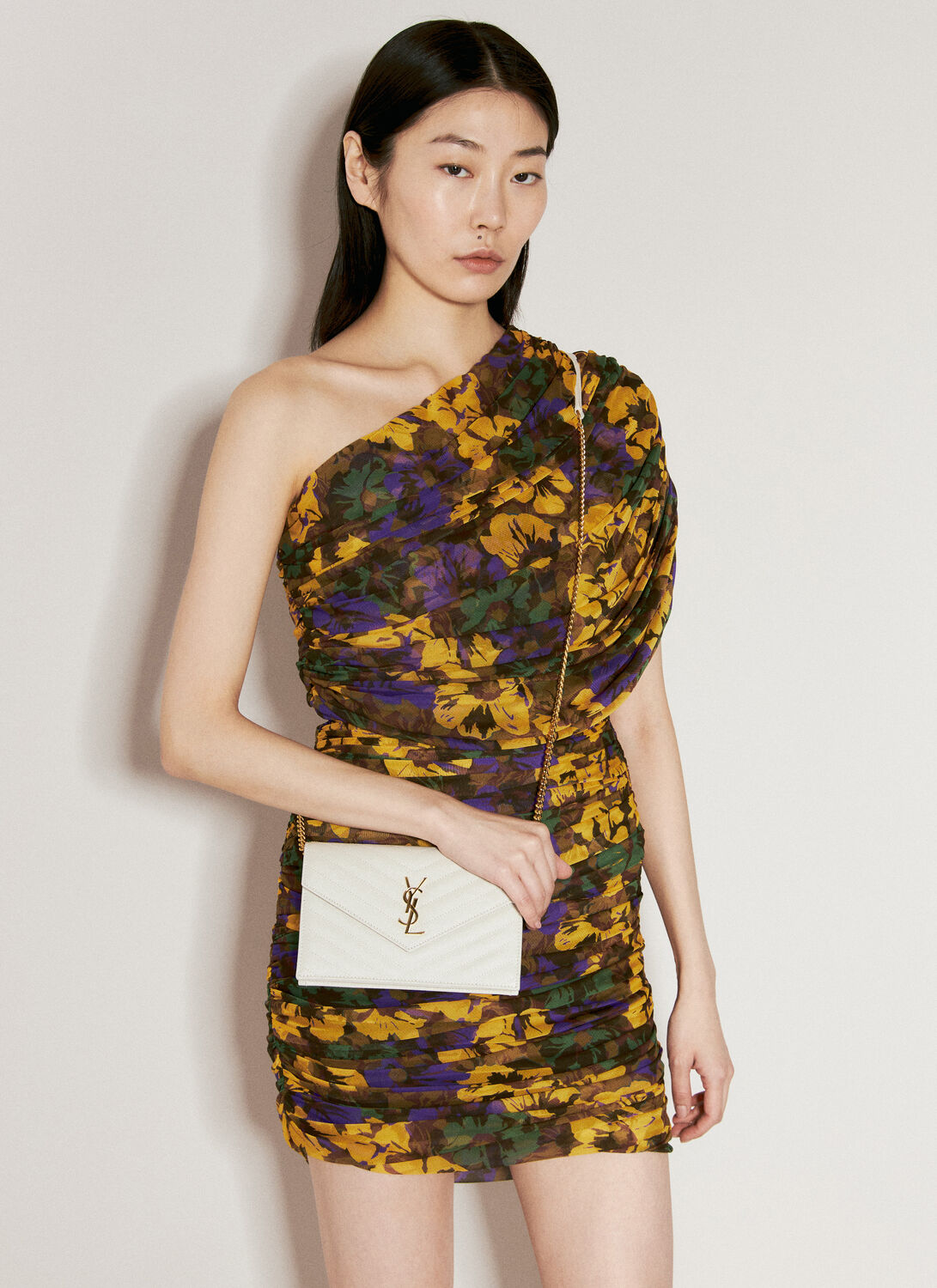 Saint Laurent Cassandre Envelope Leather Chain Wallet In Beige