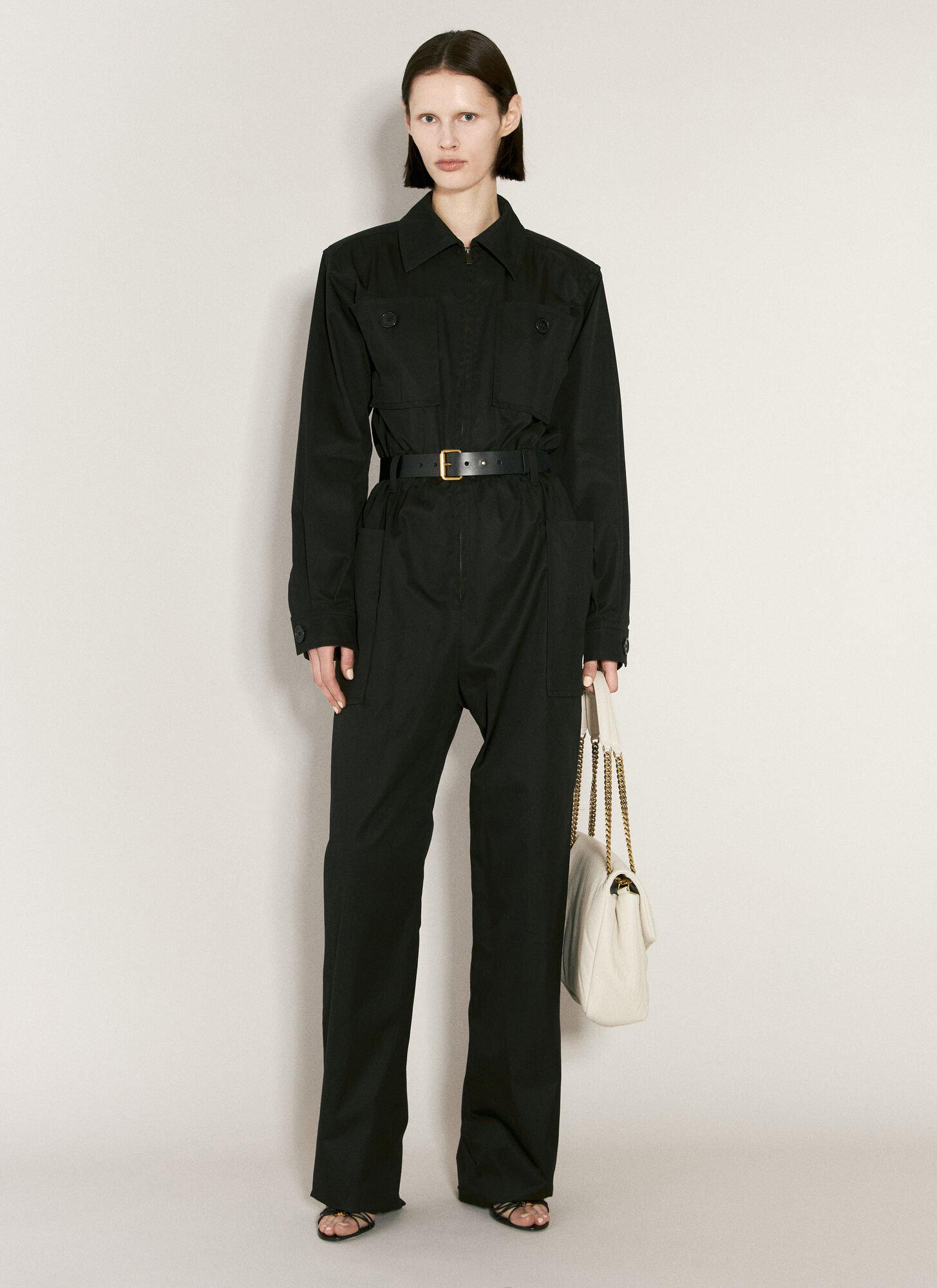 Shop Saint Laurent Cotton Twill Jumpsuit In Black