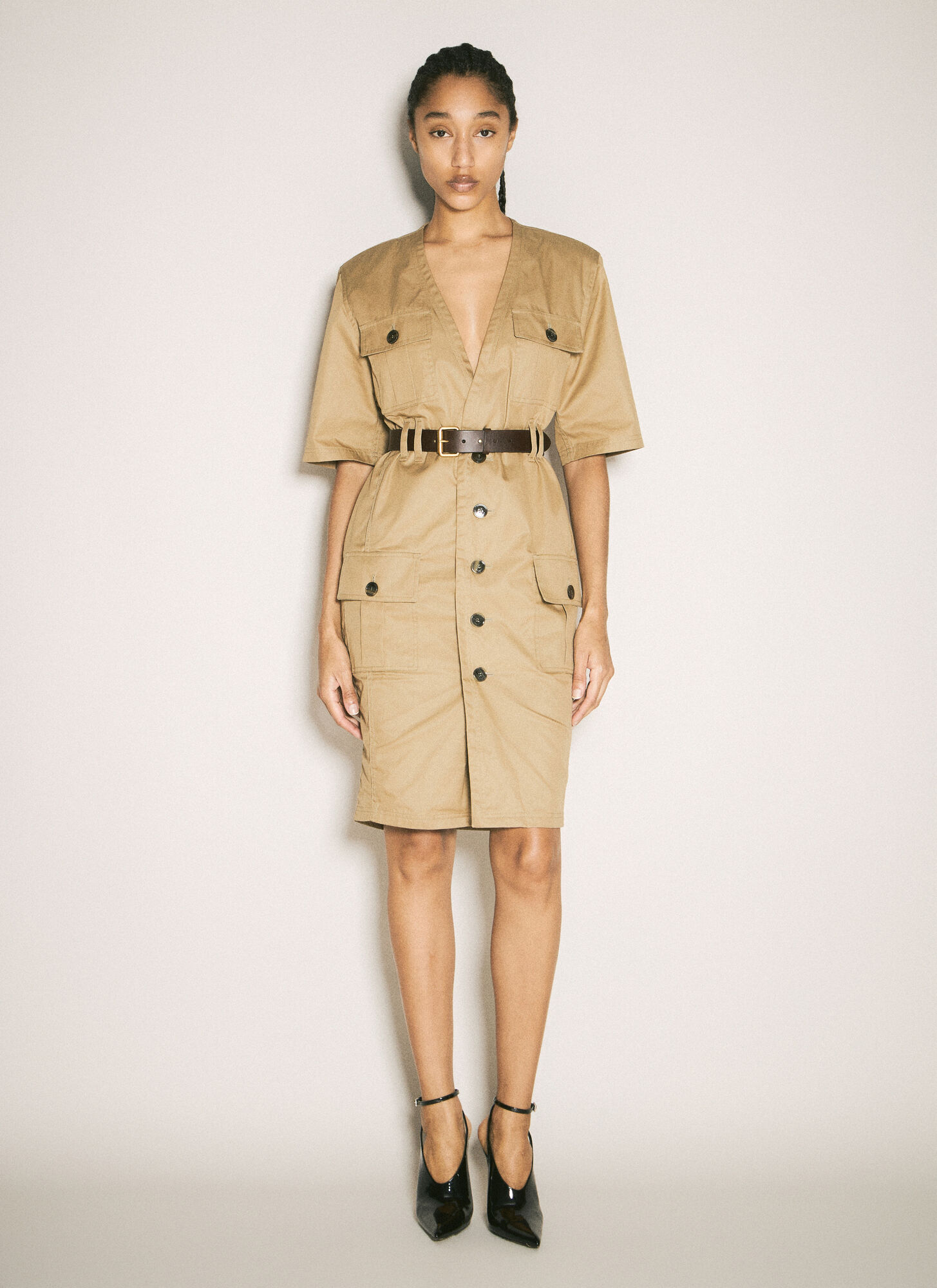 Saint Laurent Cotton Twill Midi Dress In Beige