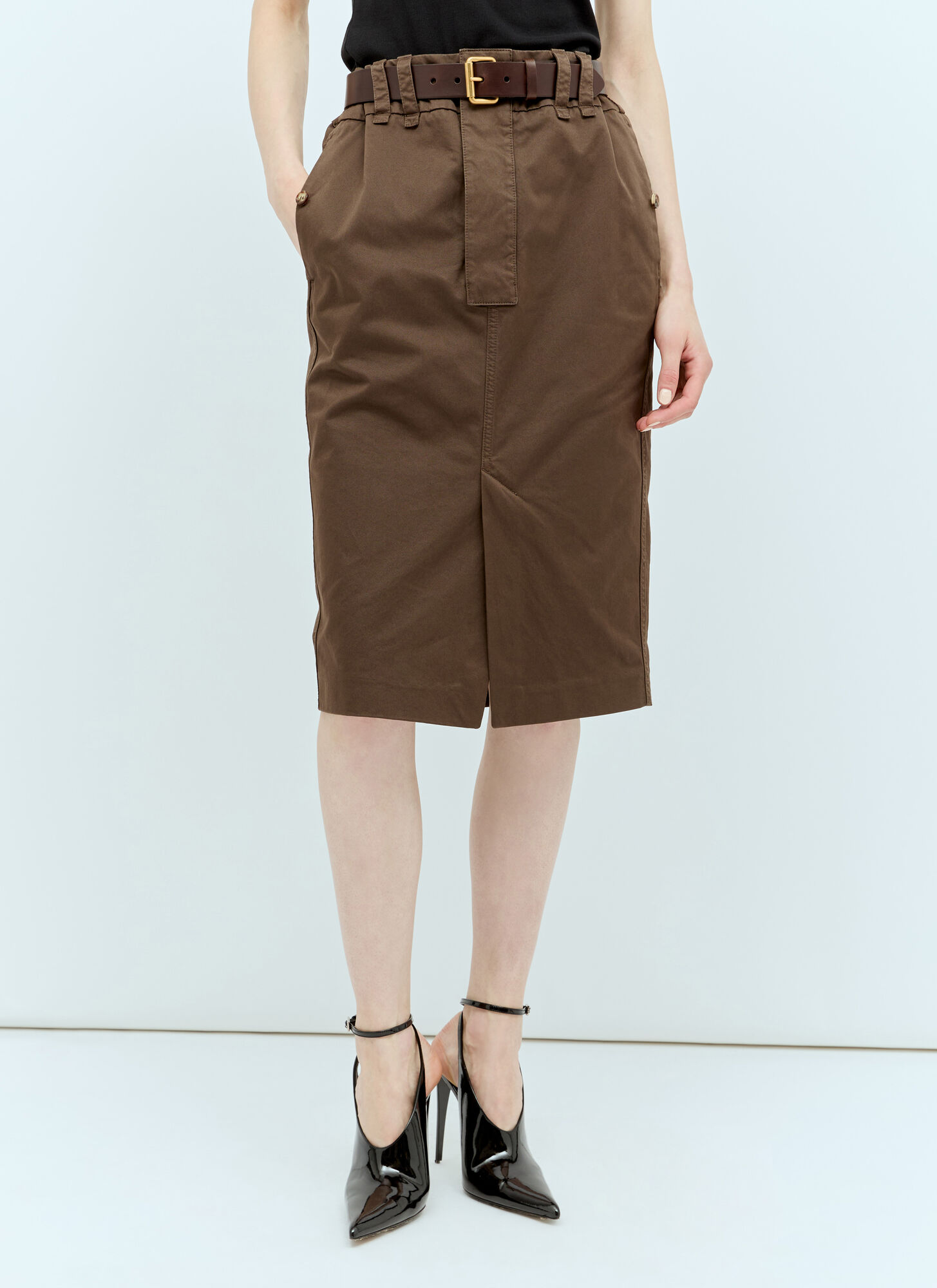 Saint Laurent Twill Pencil Skirt In Brown