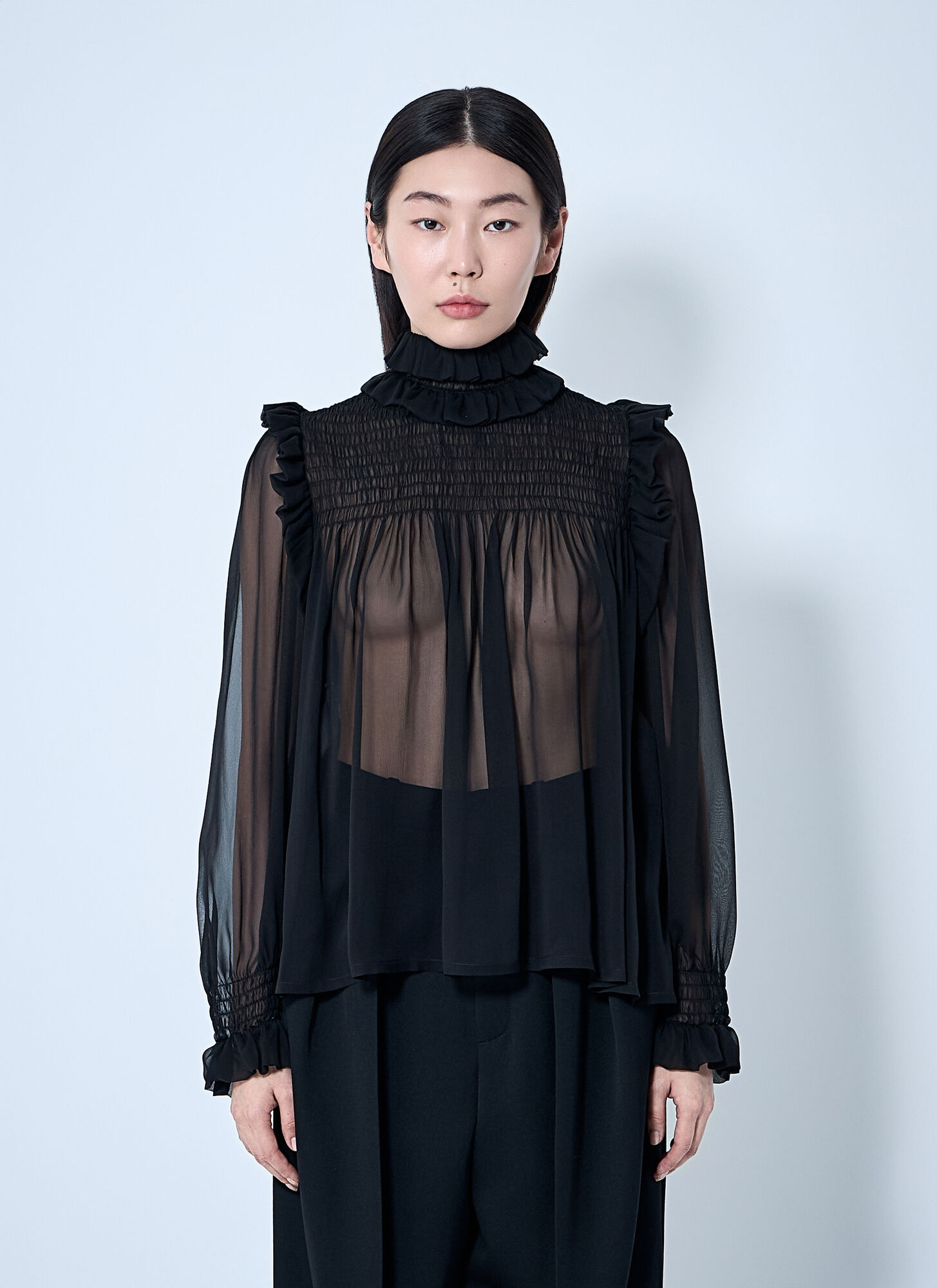 Saint Laurent Ruffled Silk Blouse In Black