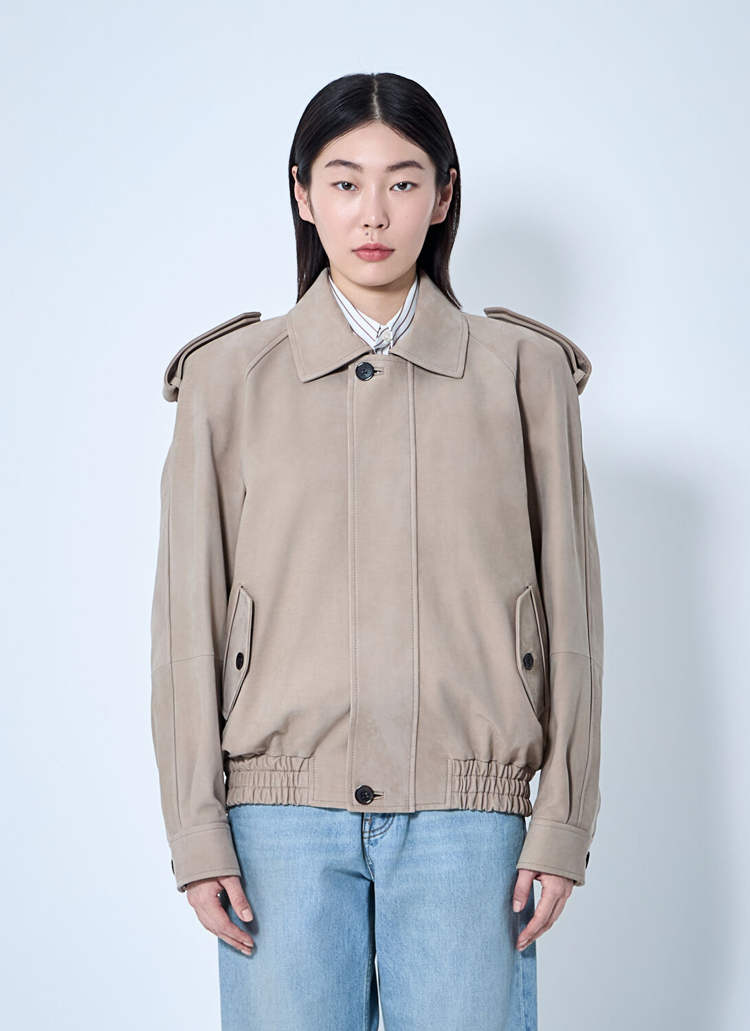 Saint Laurent Nubuck Bomber Jacket In Cream