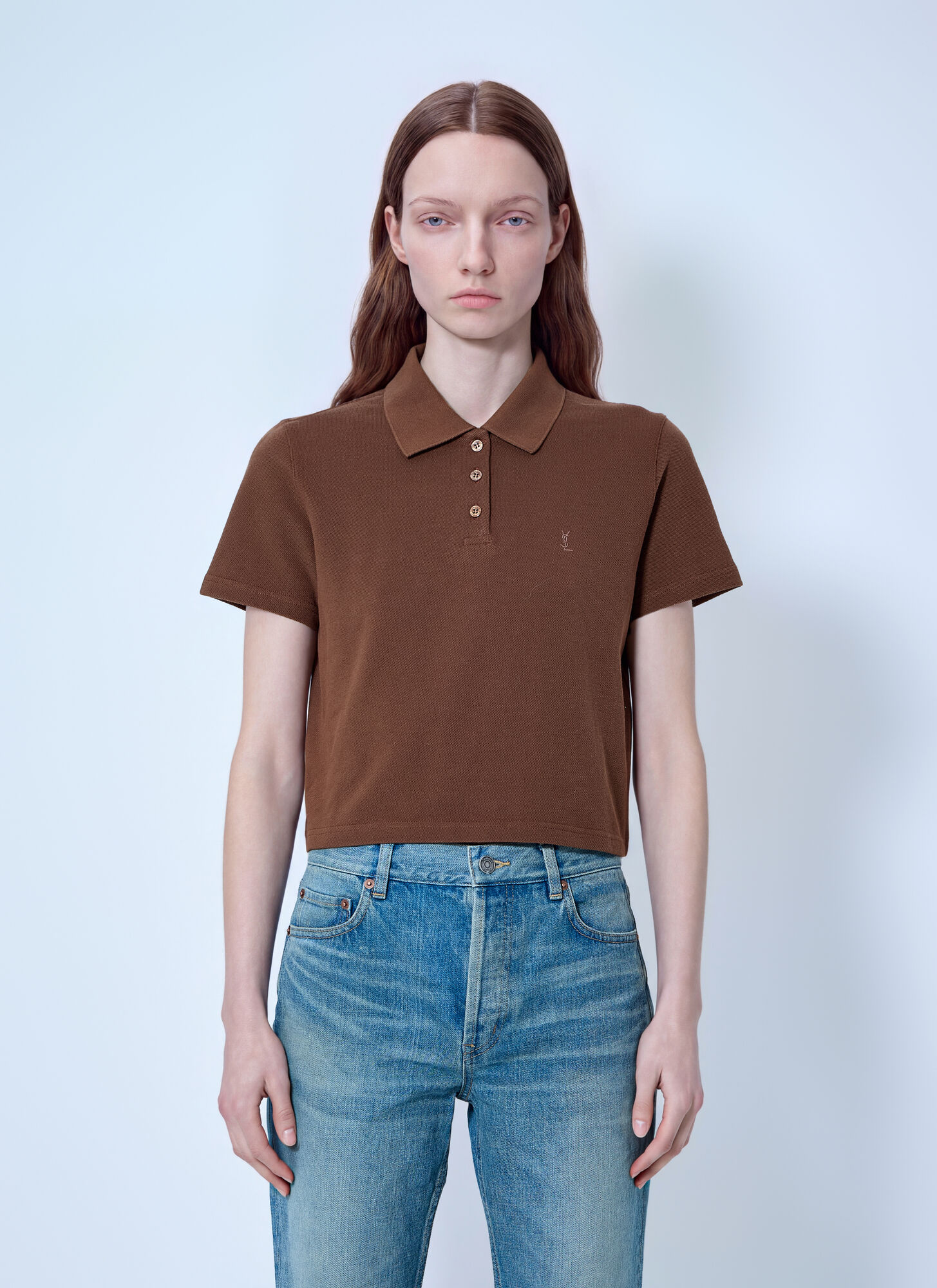 Saint Laurent Cassandre Cropped Polo Shirt - Woman T-shirts Brown M