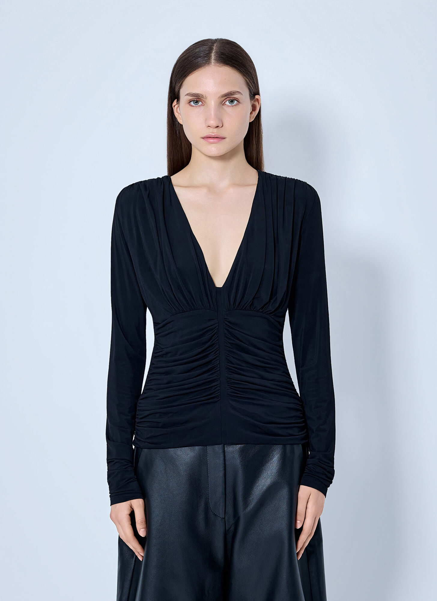 Sportmax Ruched V-Neck Long Sleeve Top - Female - Long Sleeve T-Shirts - Black - M - Tops - Image 2