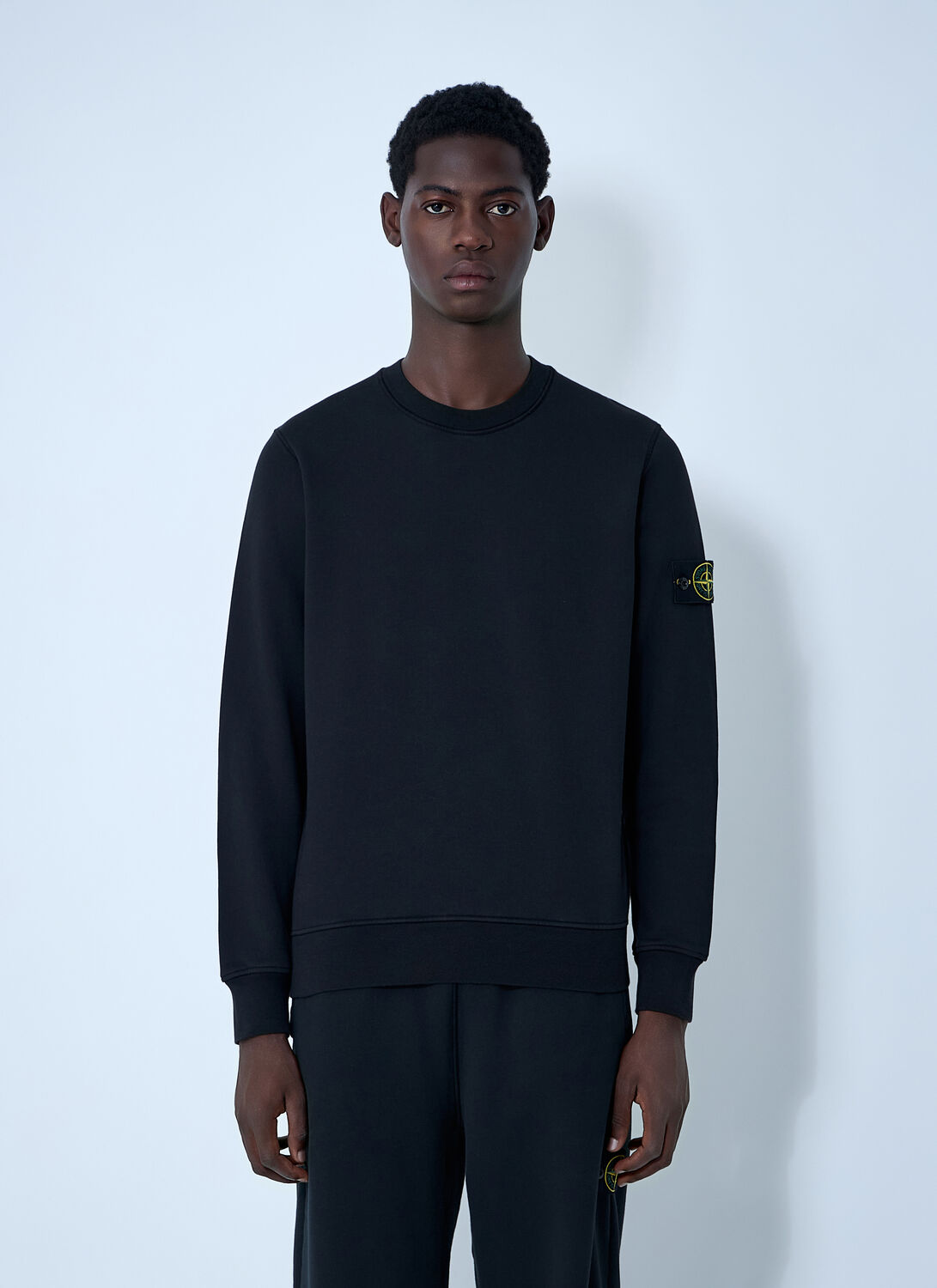 Stone Island Ribbed Detail Crew Neck Sweatshirt With Iconic Badge In Black
