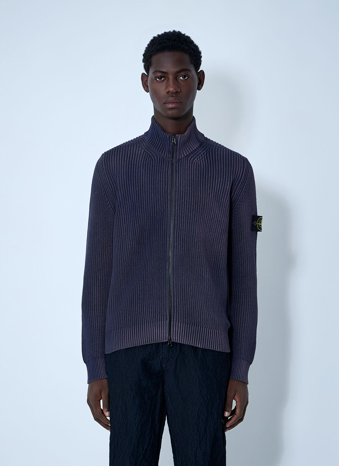 Stone Island Ghost Waffle-knit Virgin Wool Zip-up Cardigan In Blue