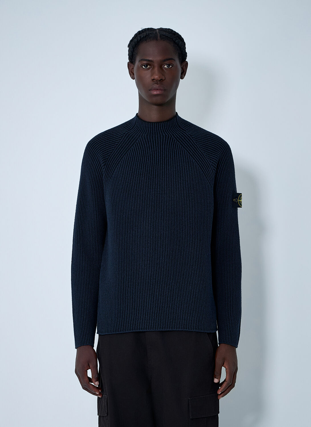 Stone Island Rib Logo Patch Sweater - Man Knitwear Navy Xxl Stone