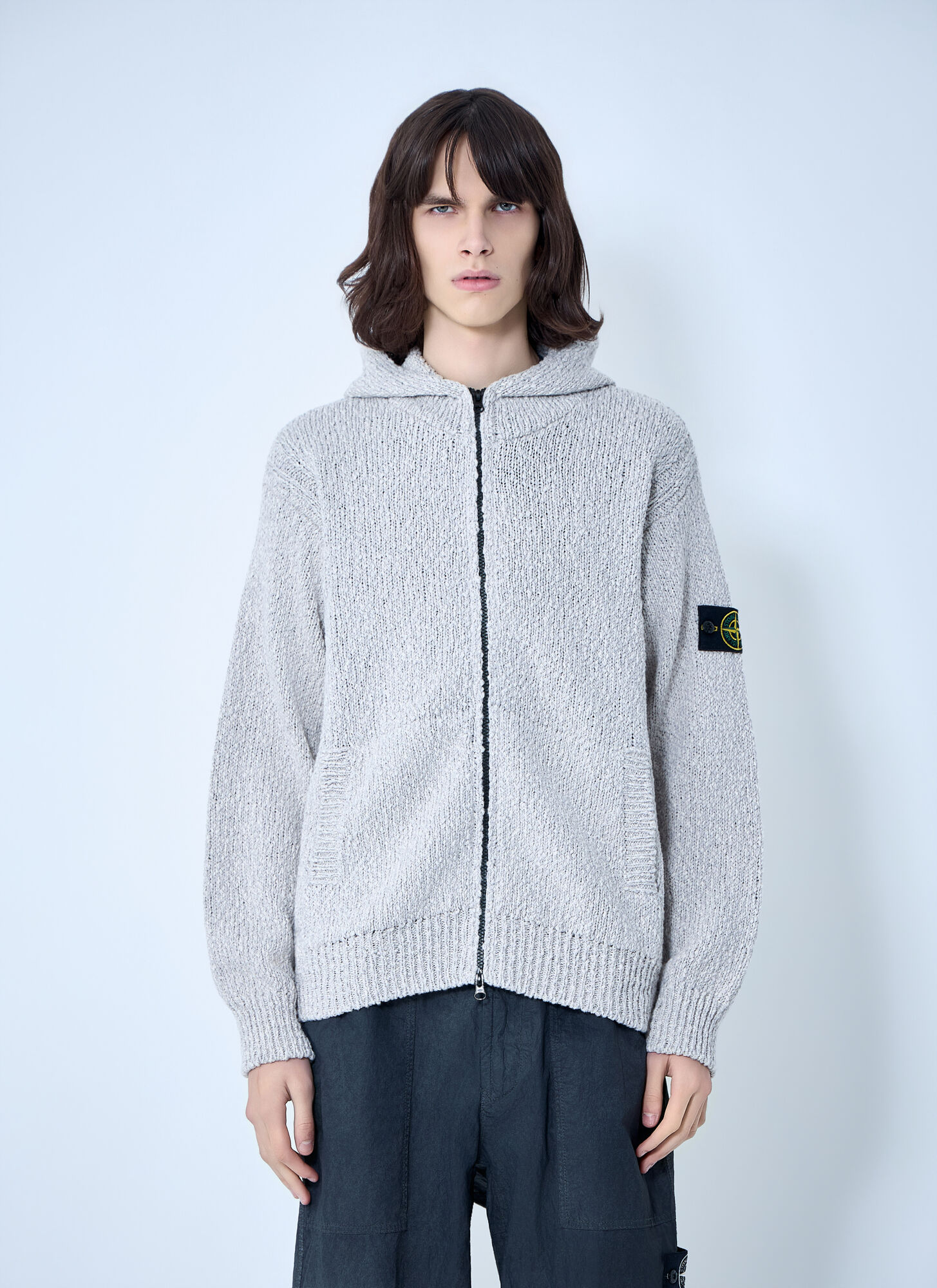 Stone Island Zip-up Knit Hoodie - Man Sweatshirts Grey L　Stone Island ジップアップ ニット パーカー - マン スウェットシャツ グレー L Stone