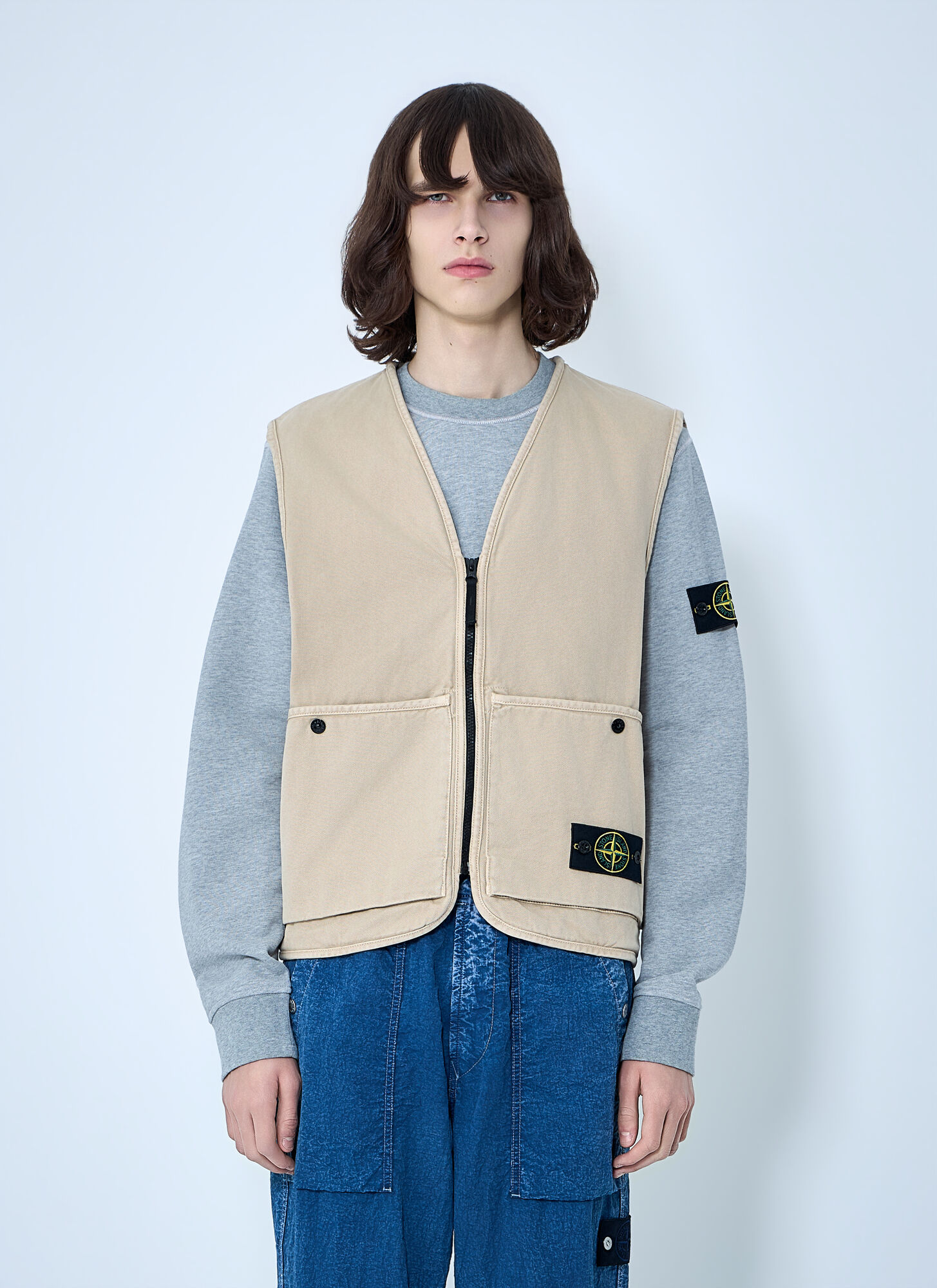 Stone Island Men's Beige Cotton Twill Utility Vest - Man Jackets S