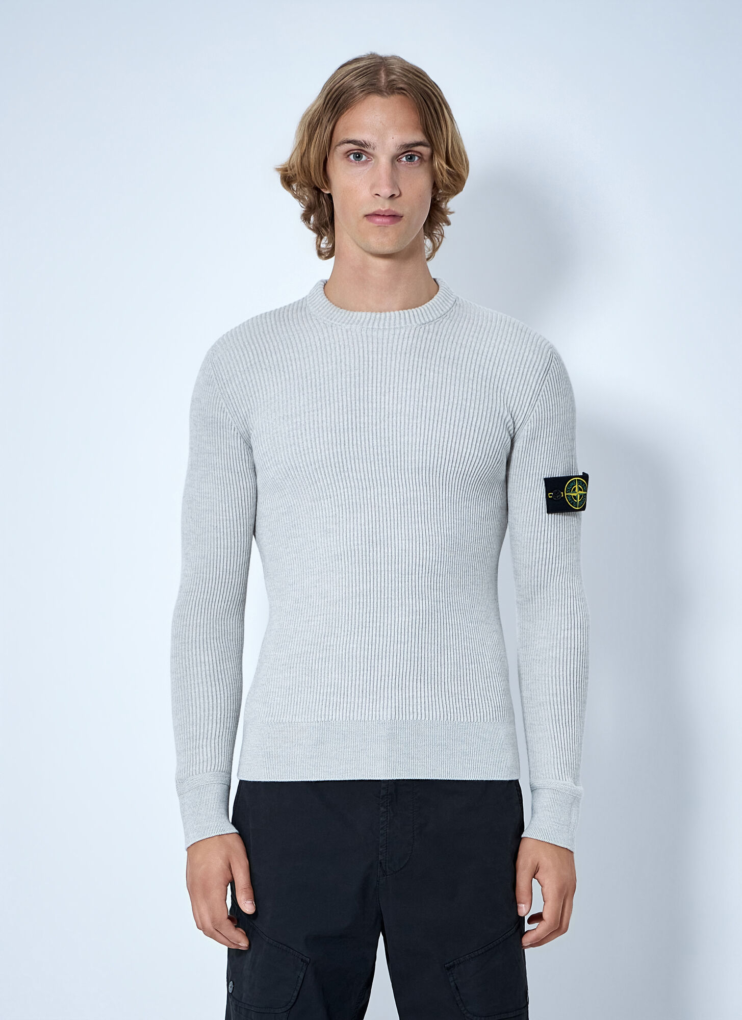 Stone Island Men's Grey Ribbed Crewneck Sweater - Man Knitwear S
