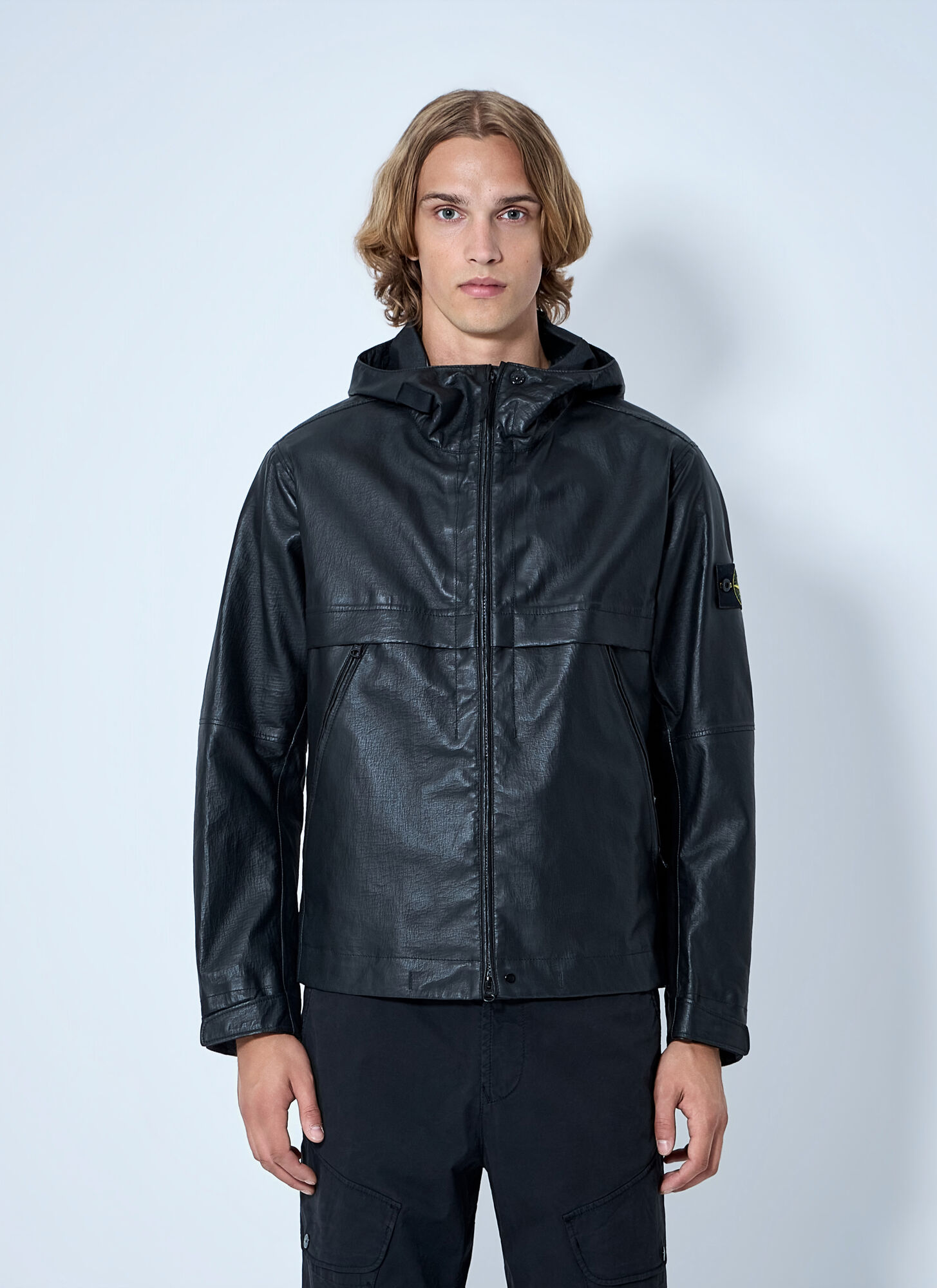 Stone Island Men's Black Hooded Leather Jacket - Man Jackets Xxl