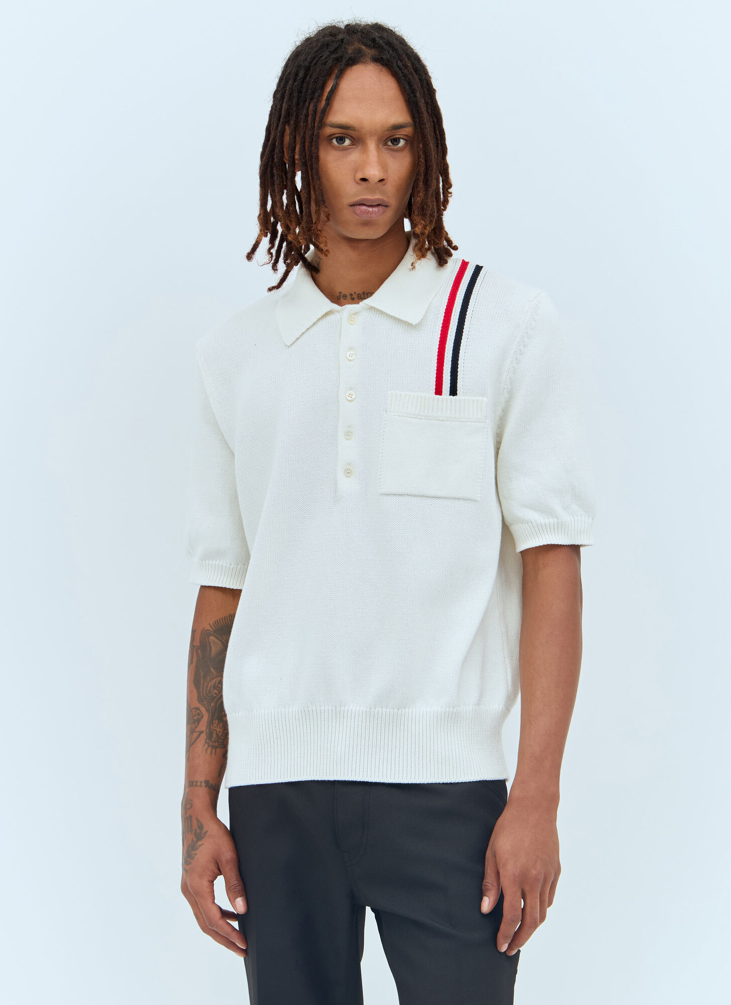 Thom Browne Rwb Stripe Knit Polo Shirt In White