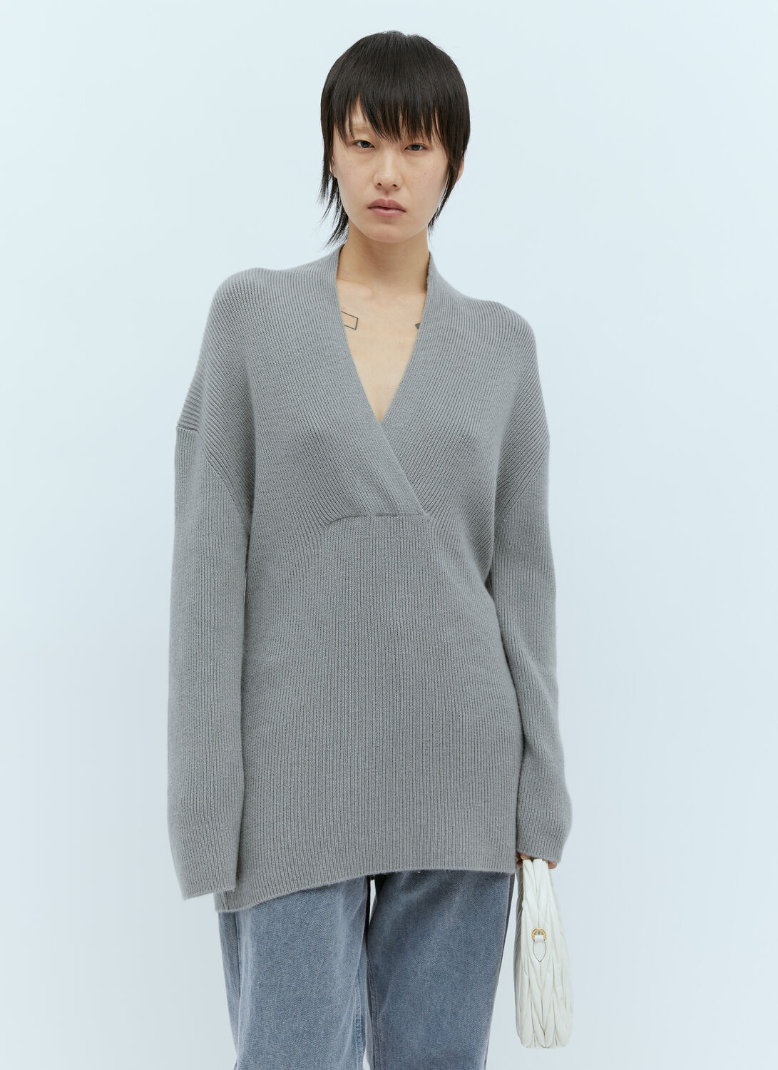 Shop Totême Overlapped V Neck Knit Sweater In Grey