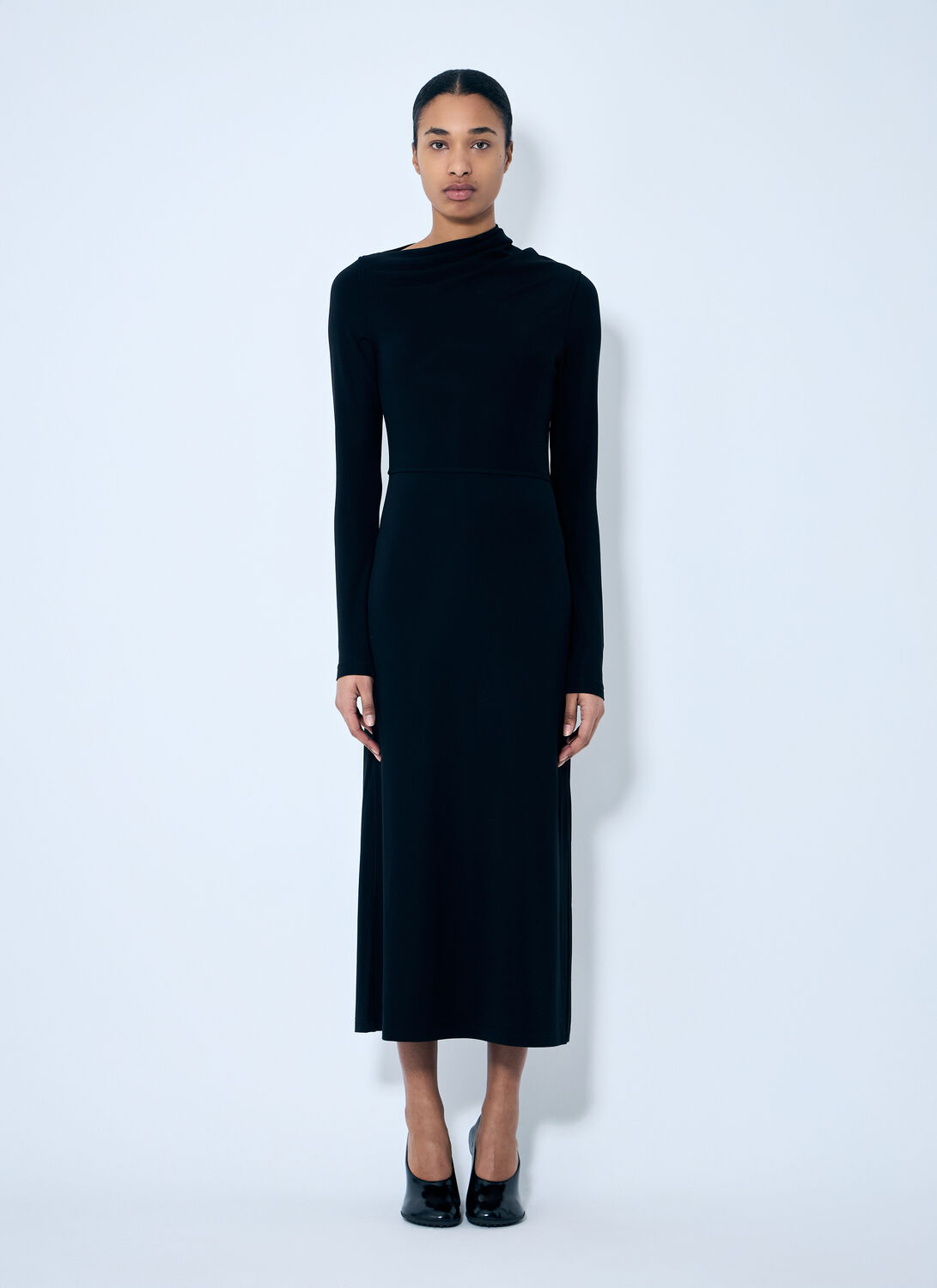 Totême Long Sleeved Asymmetric Neck Draped Dress In Black