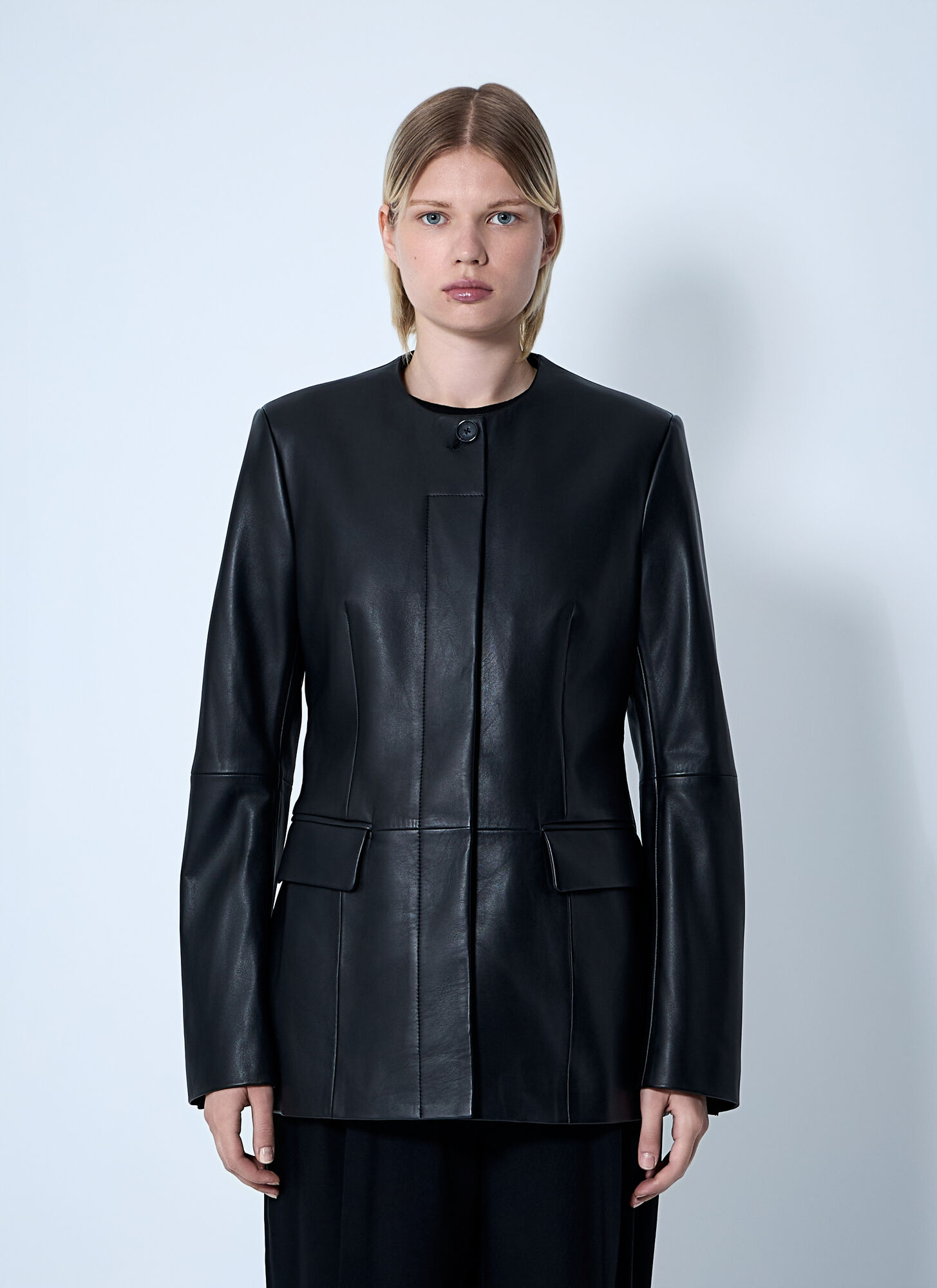 Totême Collarless Leather Jacket In Blue