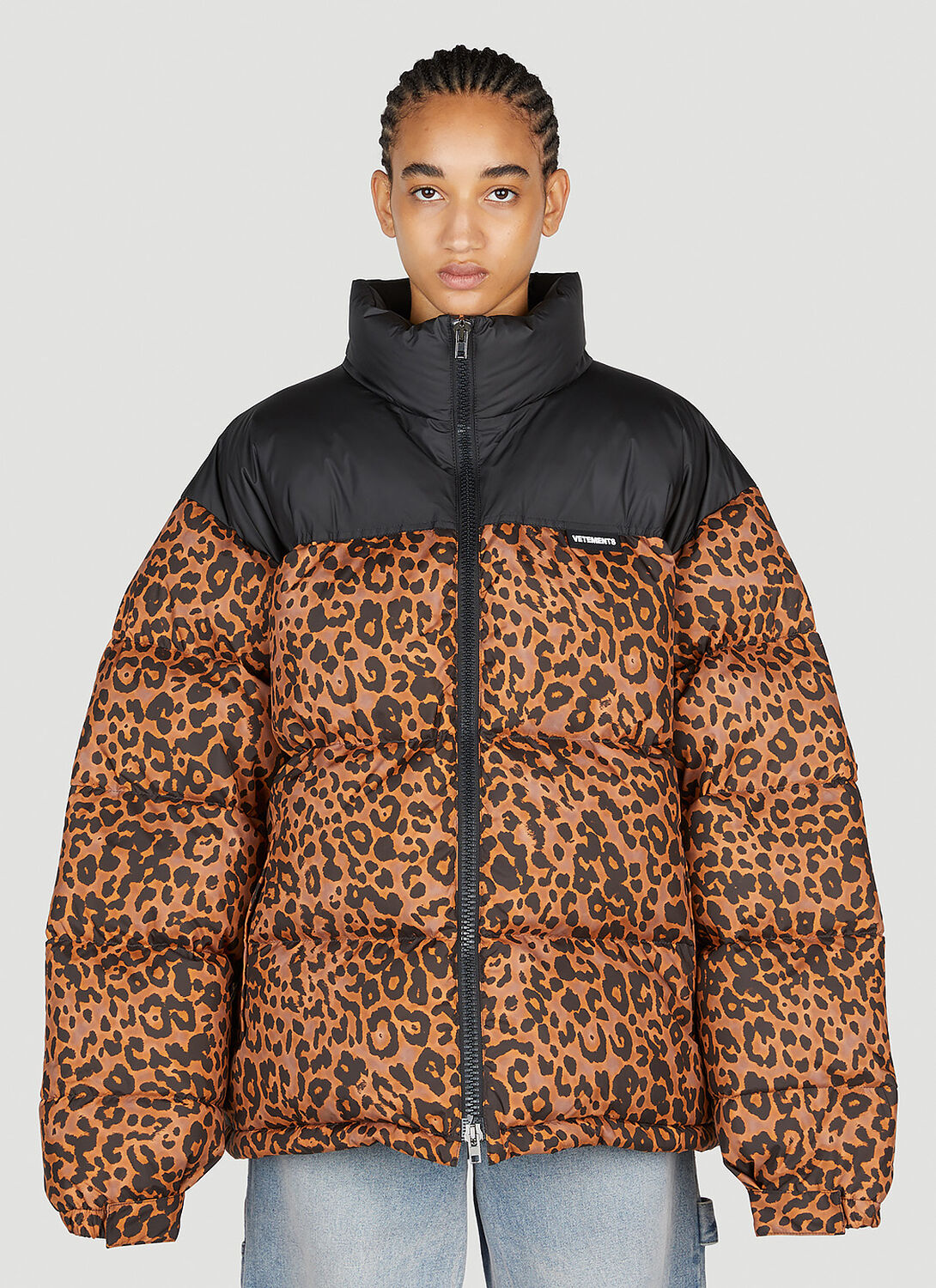 Vetements Leopard Logo Puffer Jacket In Brown