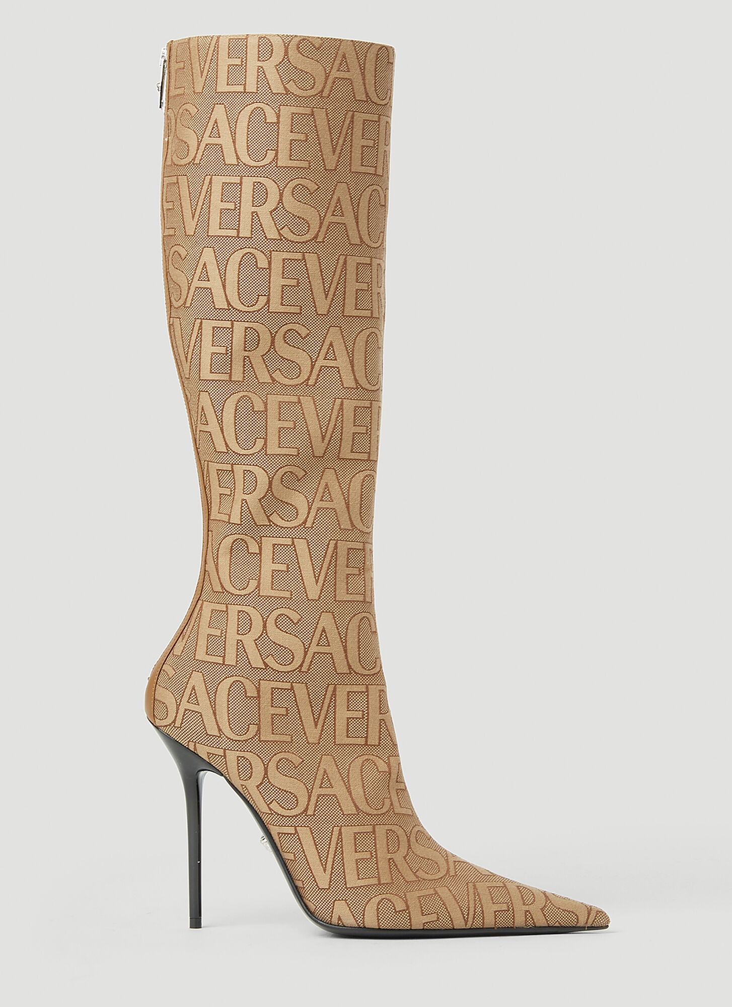 Shop Versace Logo Jacquard High Heeled Boots In Beige