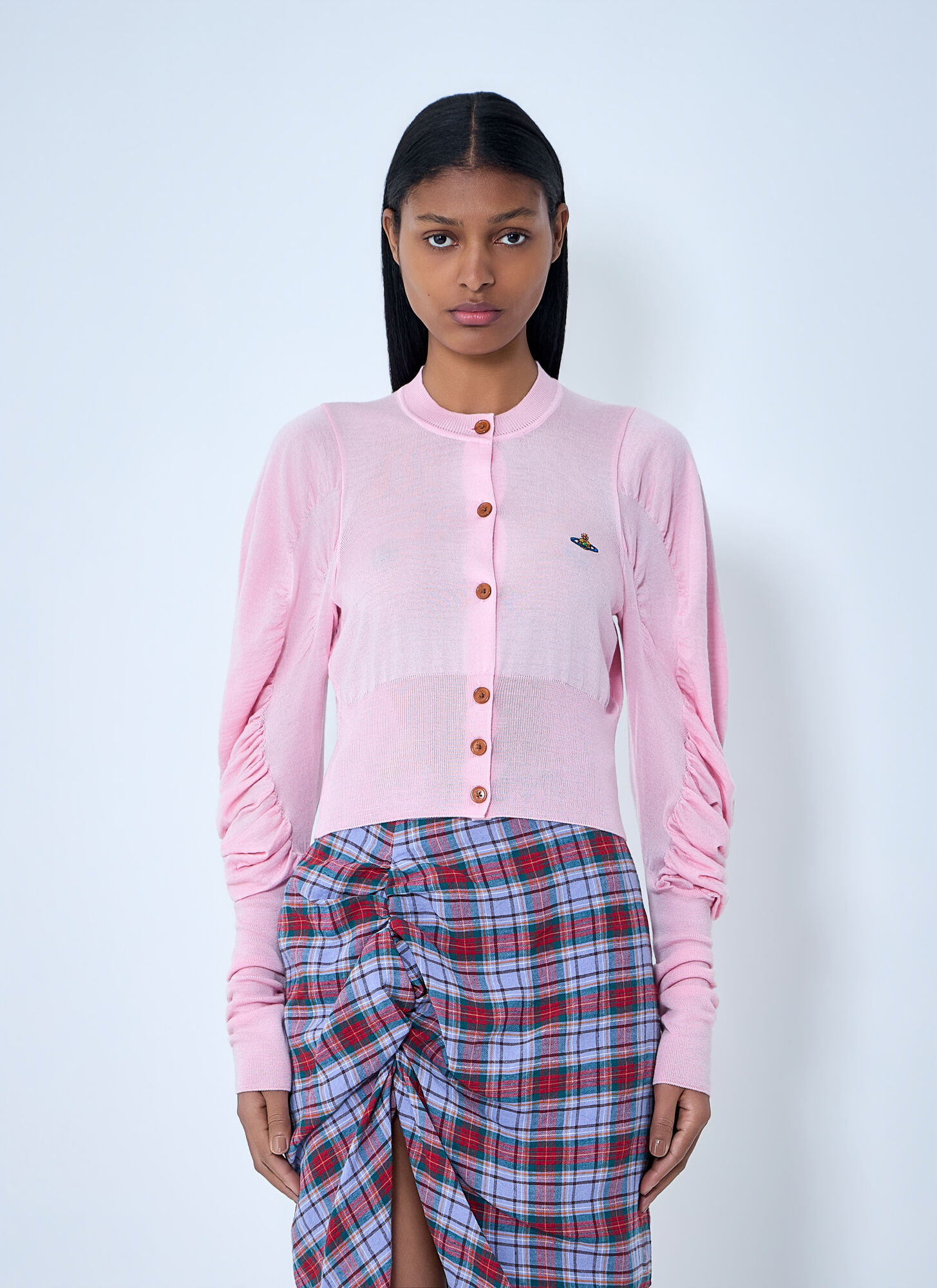Vivienne Westwood Women's Pink Ruched Sleeve Cardigan - Woman Knitwear M