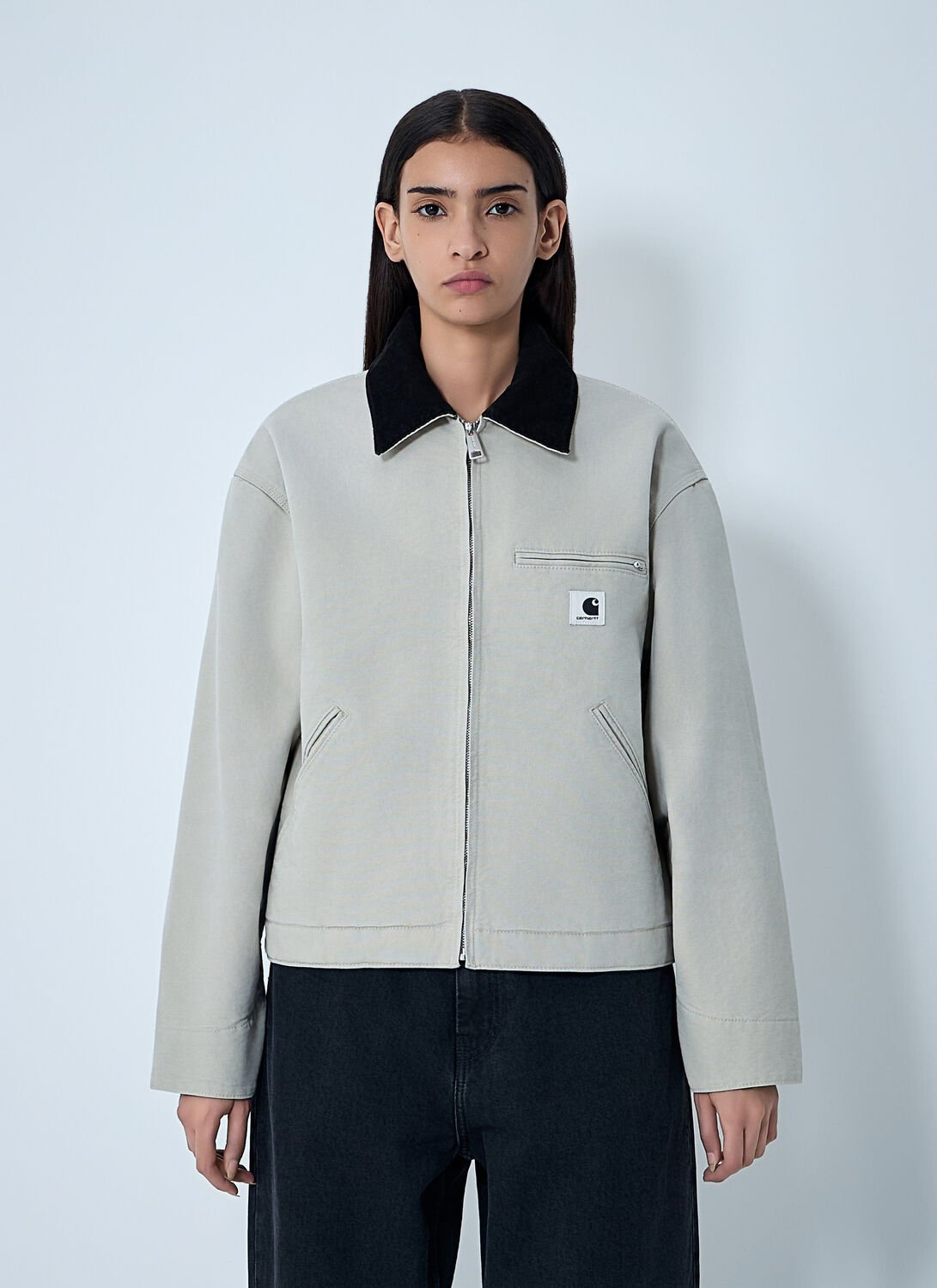Carhartt Corduroy-collar Zip-front Jacket In Gray