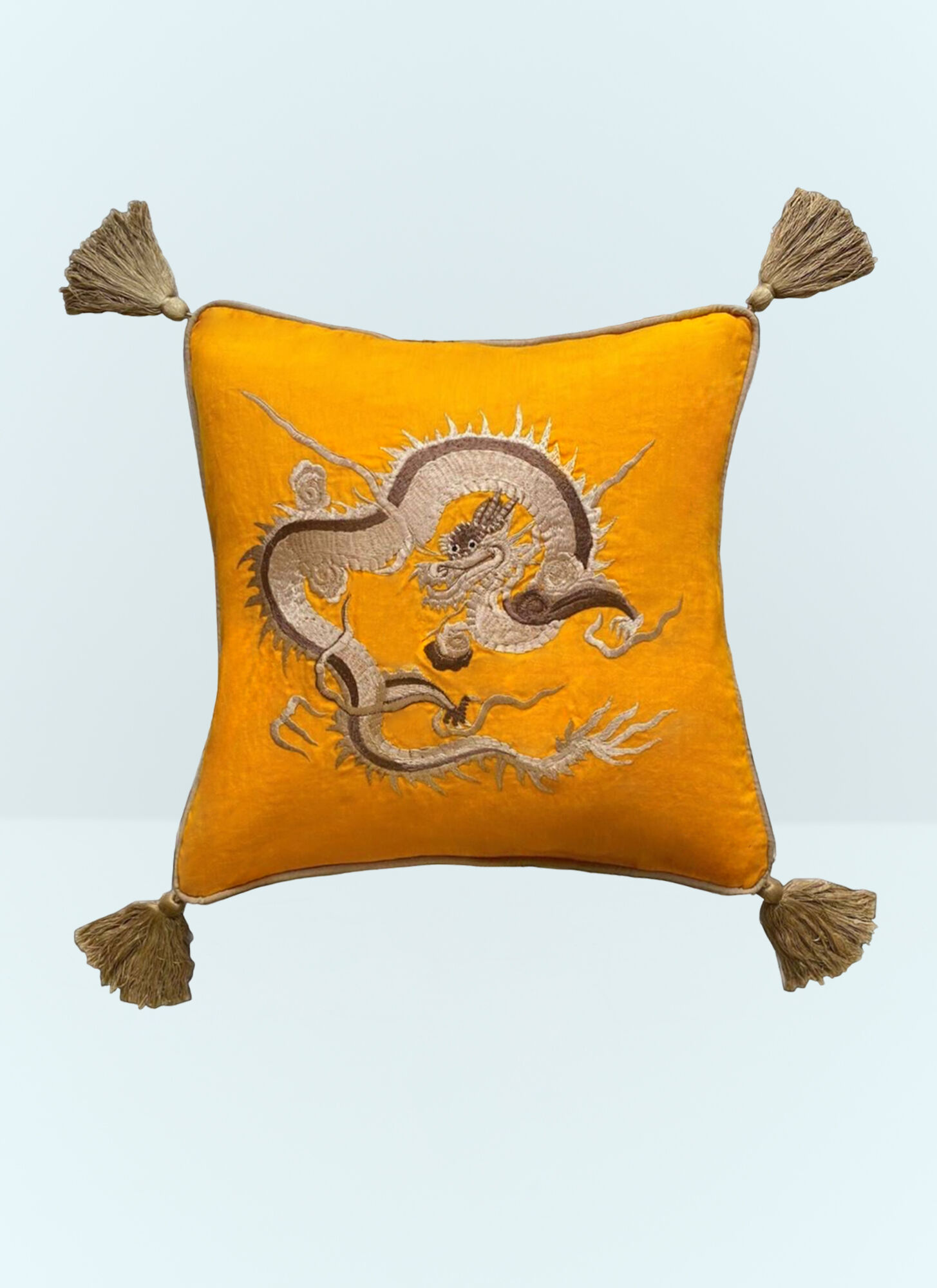 Les-Ottomans Unisex Yellow Dragon Embroidered Cushion - Textiles One Size